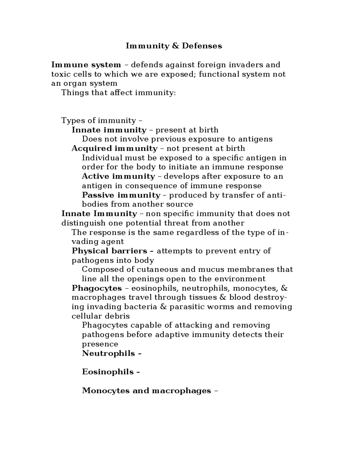 Immune Response Handout - Immunity & Defenses Immune system – defends ...