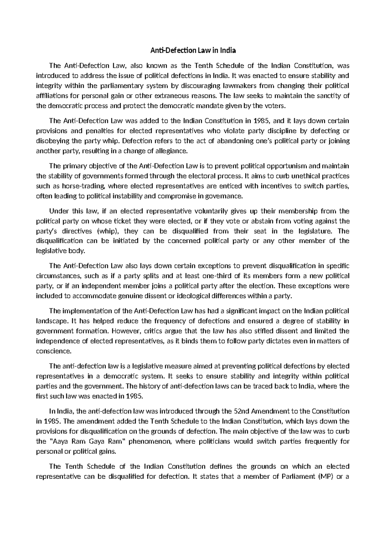 ANTI Defection LAW - Summary Bachelor of Law - Anti-Defection Law in ...