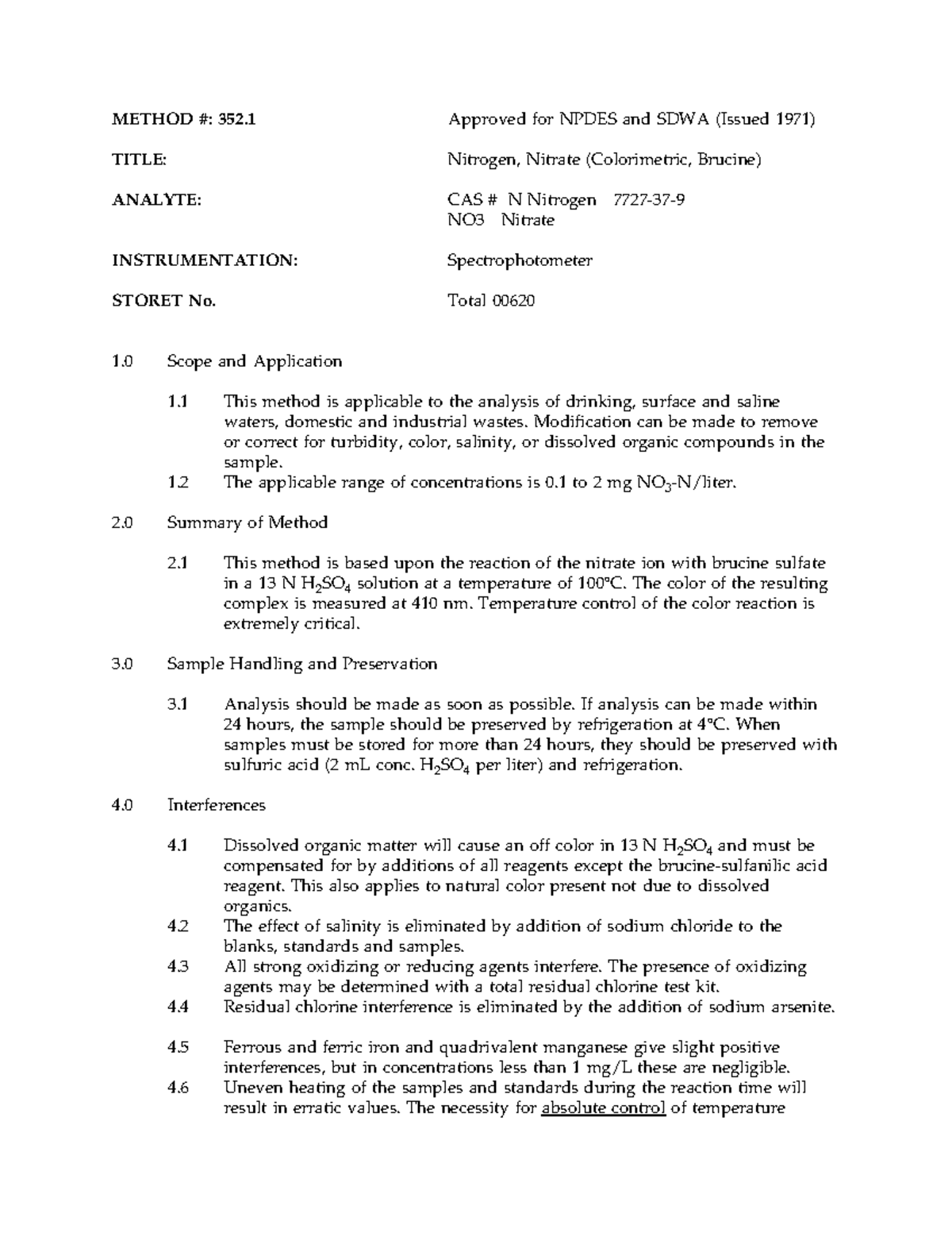 352.1 - Nitrate - DETERMINACION DE NITRATOS - METHOD #: 352 Approved ...