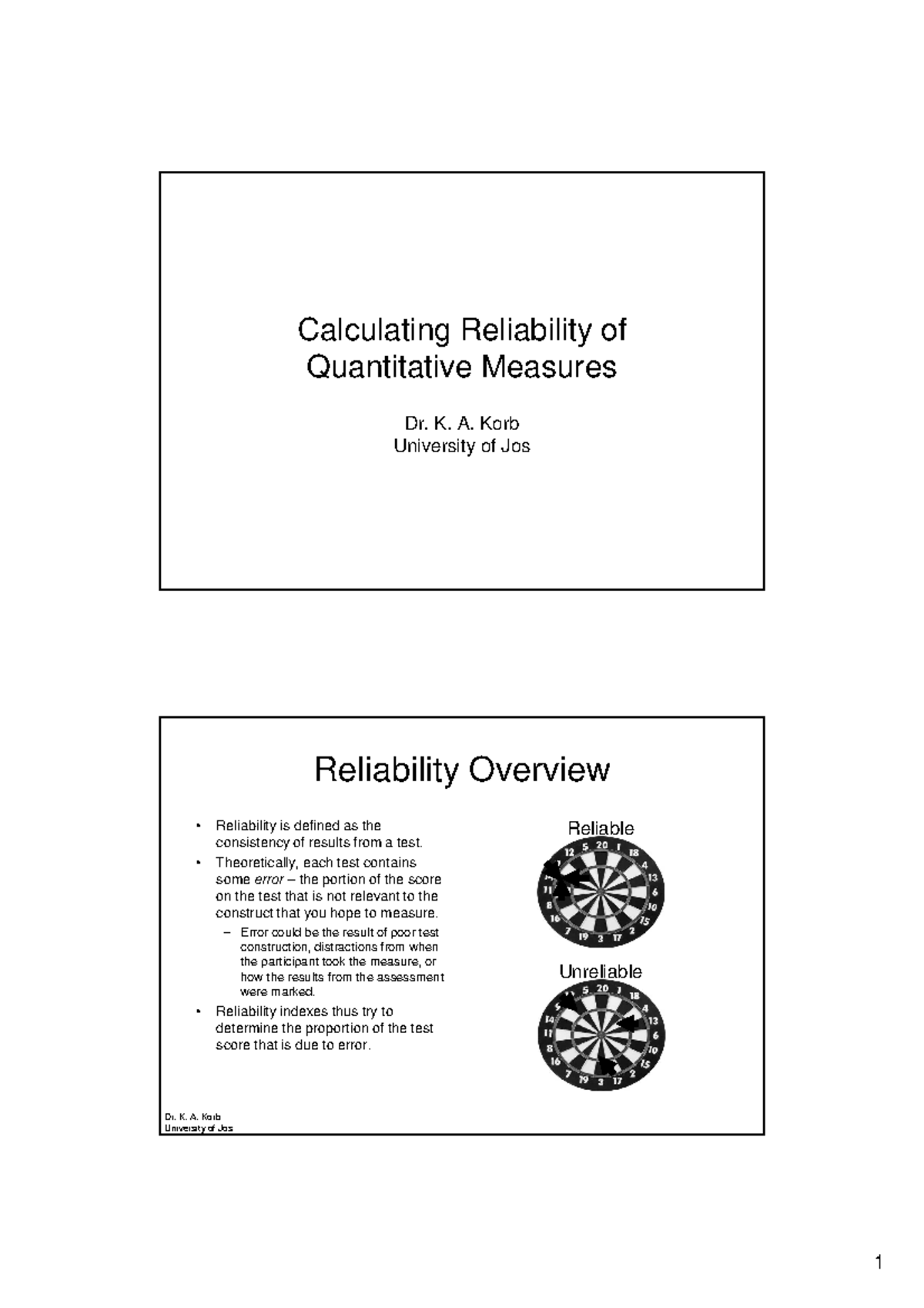 Calculating reliability k a korb university of jos reliability