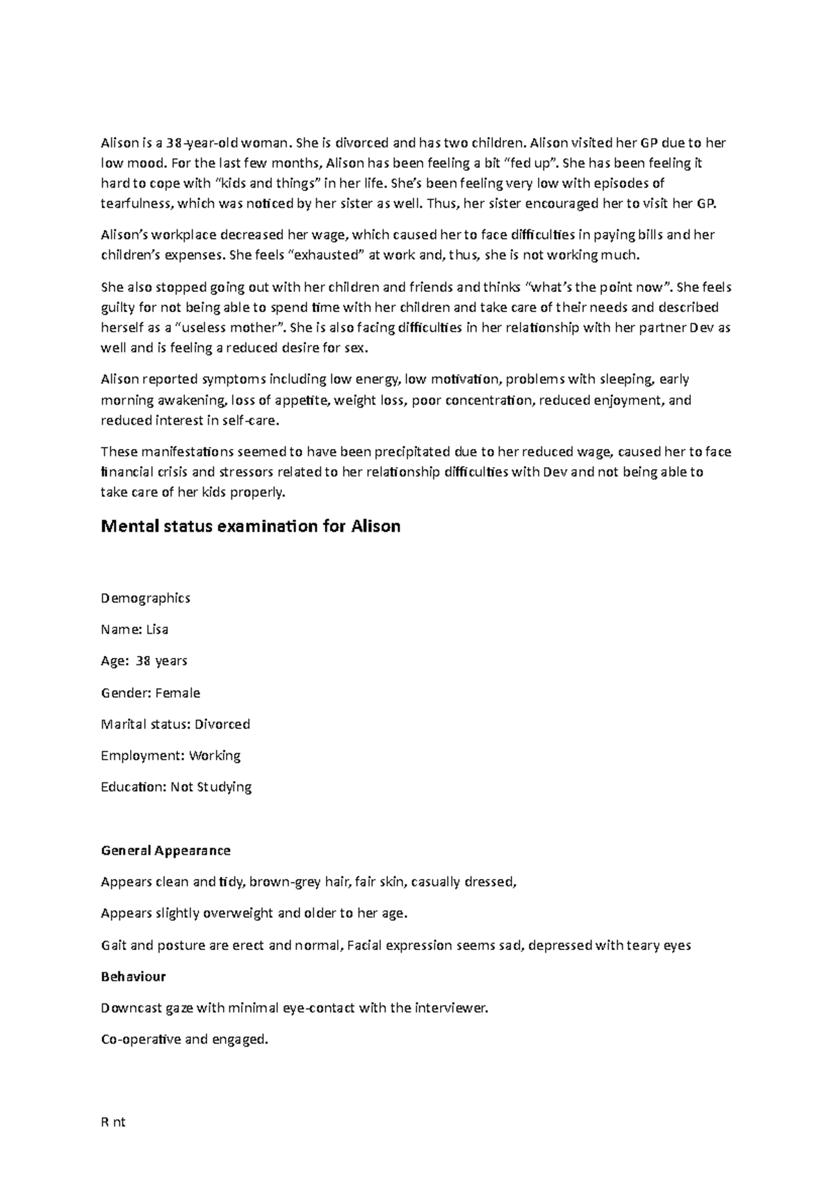 Assessment 2 MSE examination and risk assessment - PSYT90091 ...