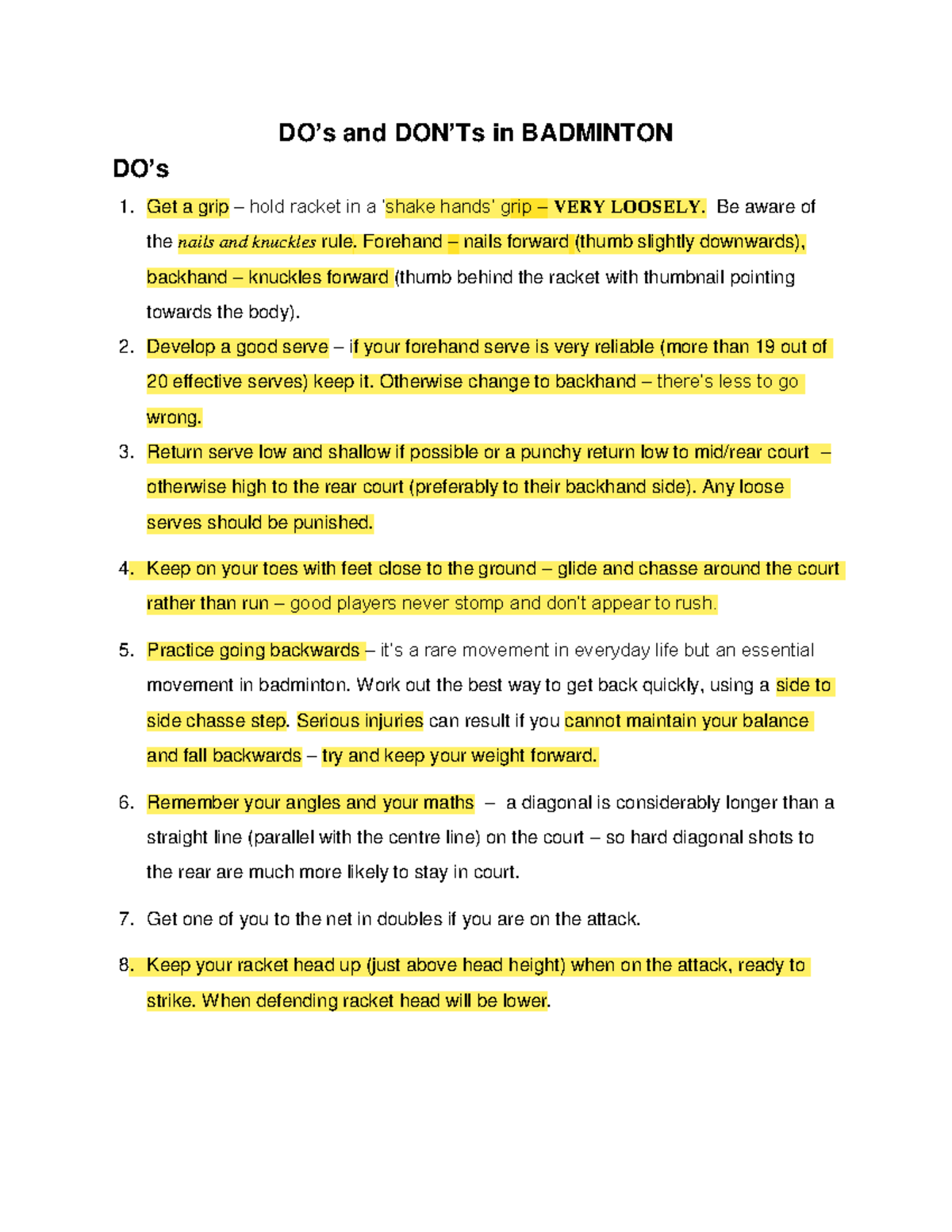 DOs and DONTs in Badminton - DO’s and DON’Ts in BADMINTON DO’s Get a ...
