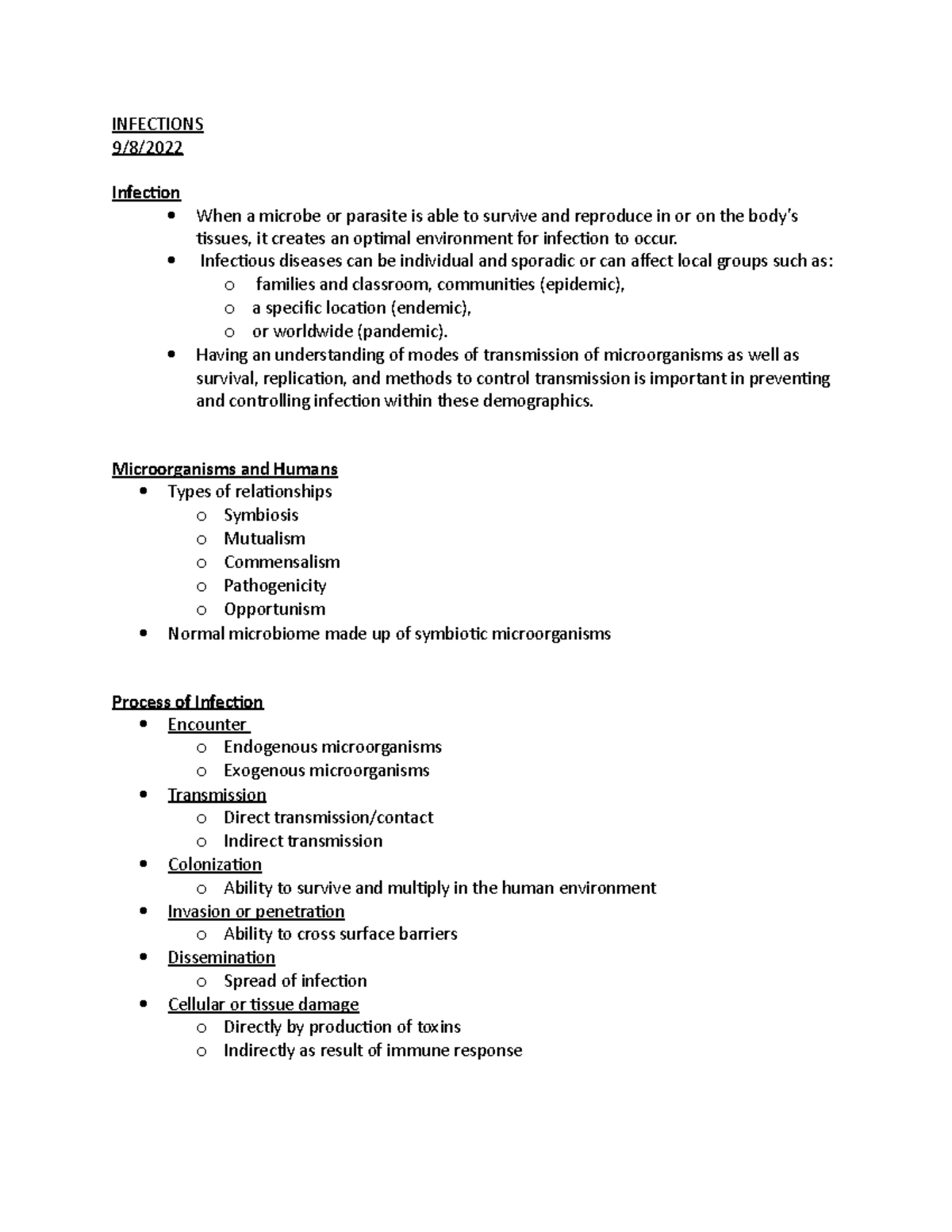 Infections - Lecture and powerpoint notes - INFECTIONS 9/8/ Infection ...