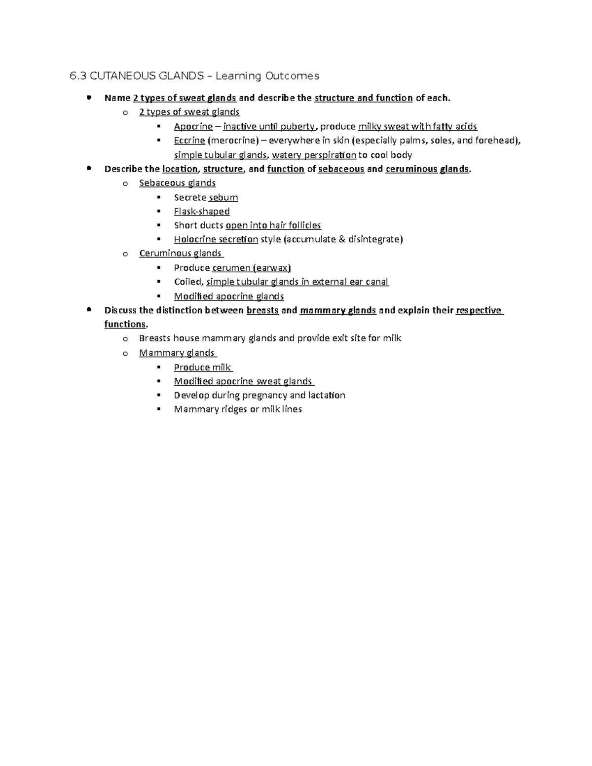 Expected Learning Outcomes: Chapter 6.3 - BIO 210 - 6 CUTANEOUS GLANDS ...