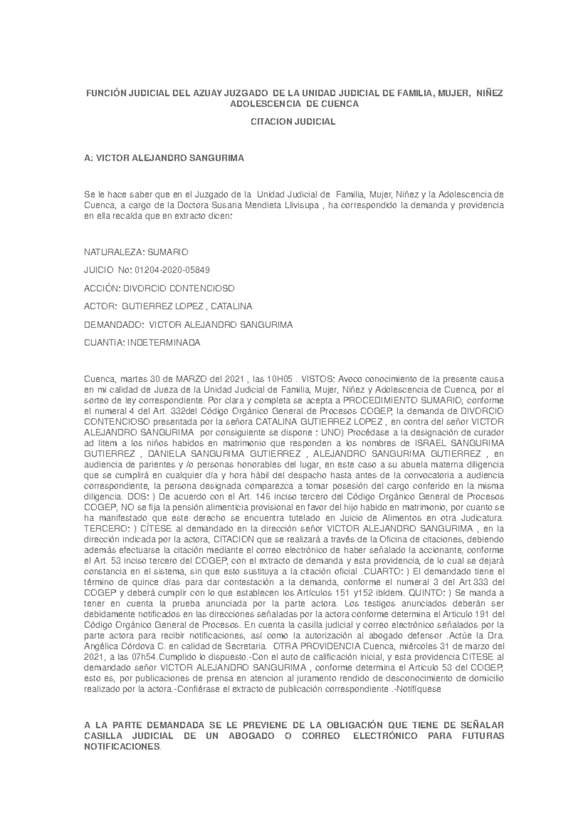 Citacion Divorcio Contencioso FUNCIÓN JUDICIAL DEL AZUAY JUZGADO DE