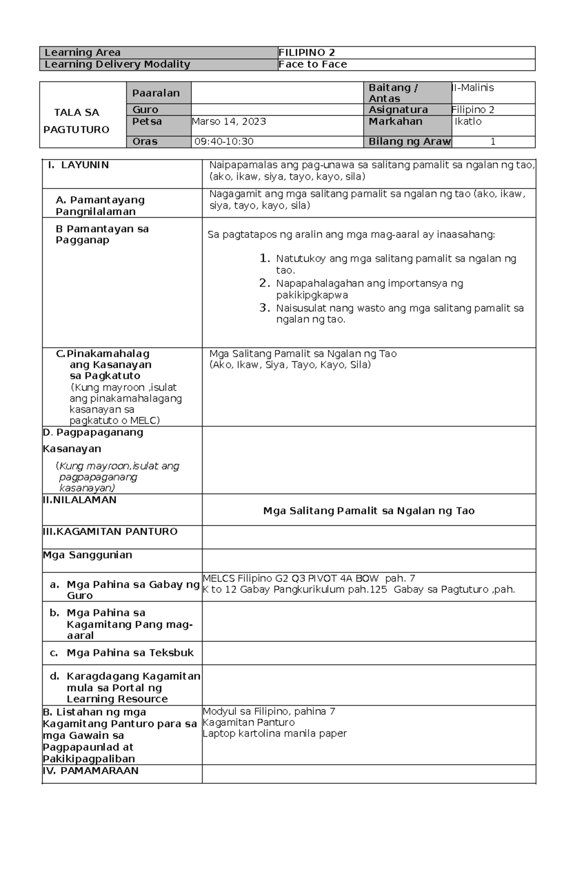 Cot Filipino Q3 Week Learning Area Filipino 2 Learning Delivery Modality Face To Face Tala Sa 9465