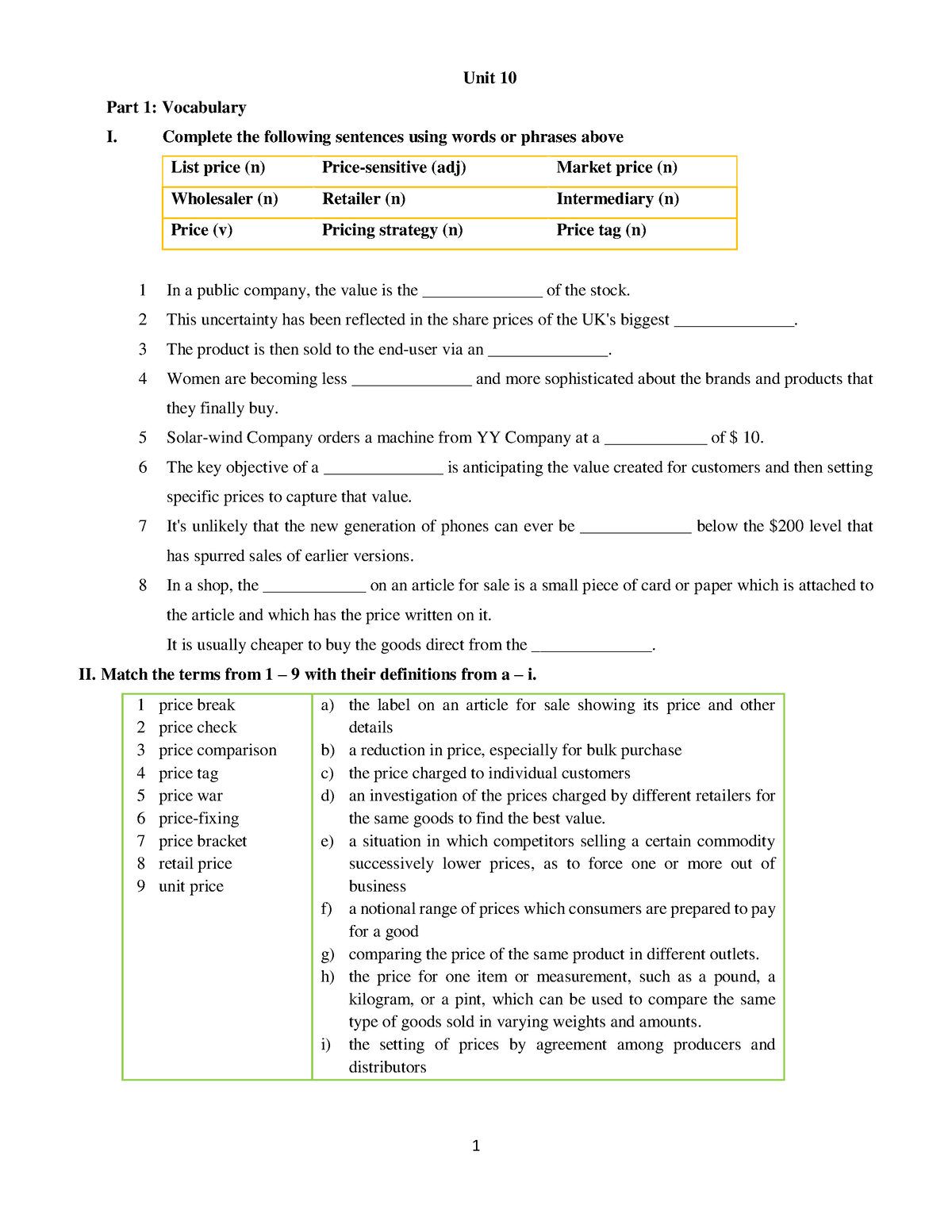 Unit 10 Homework - Mmnjvjbj - Unit 10 Part 1: Vocabulary I. Complete ...