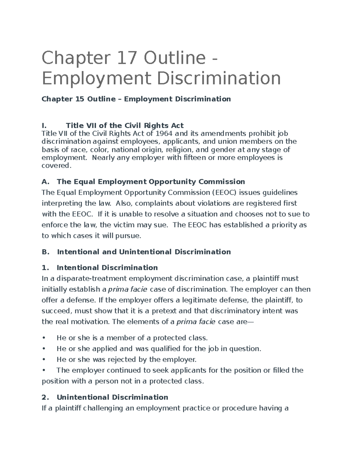 Chapter 15 Outline – Employment Discrimination - Chapter 17 Outline ...