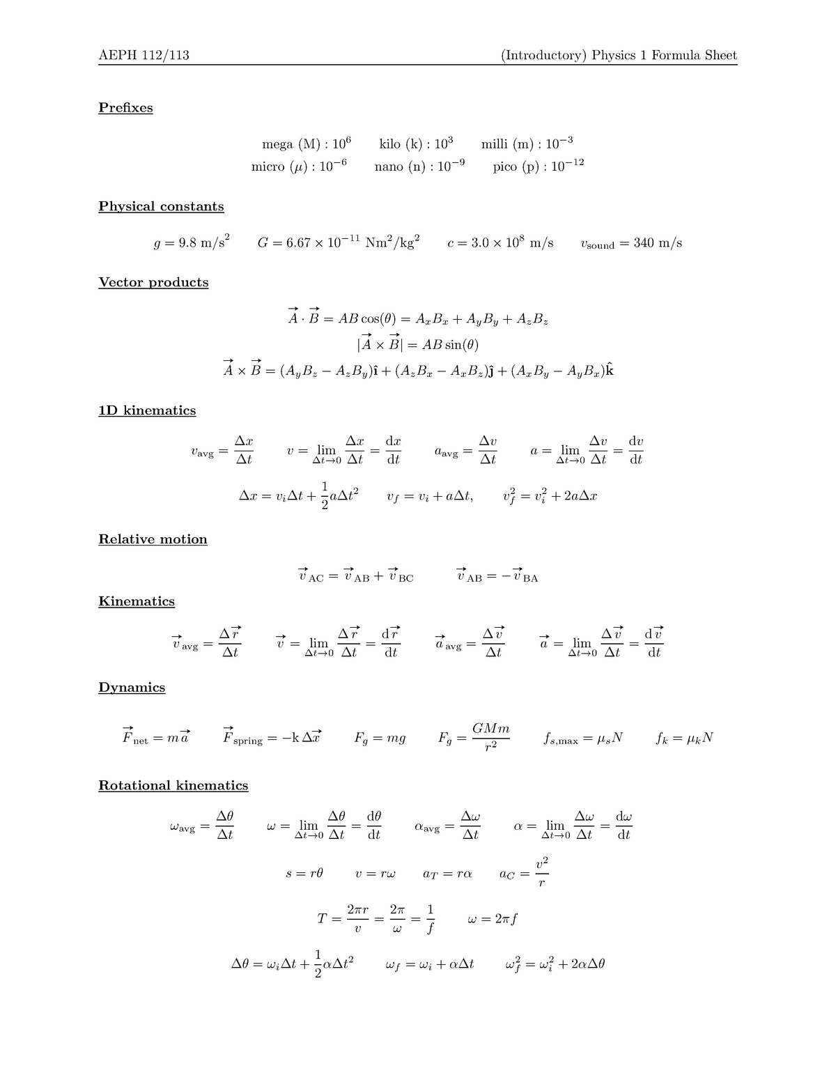 Formula sheet - AEPH 112/113 (Introductory) Physics 1 Formula Sheet ...