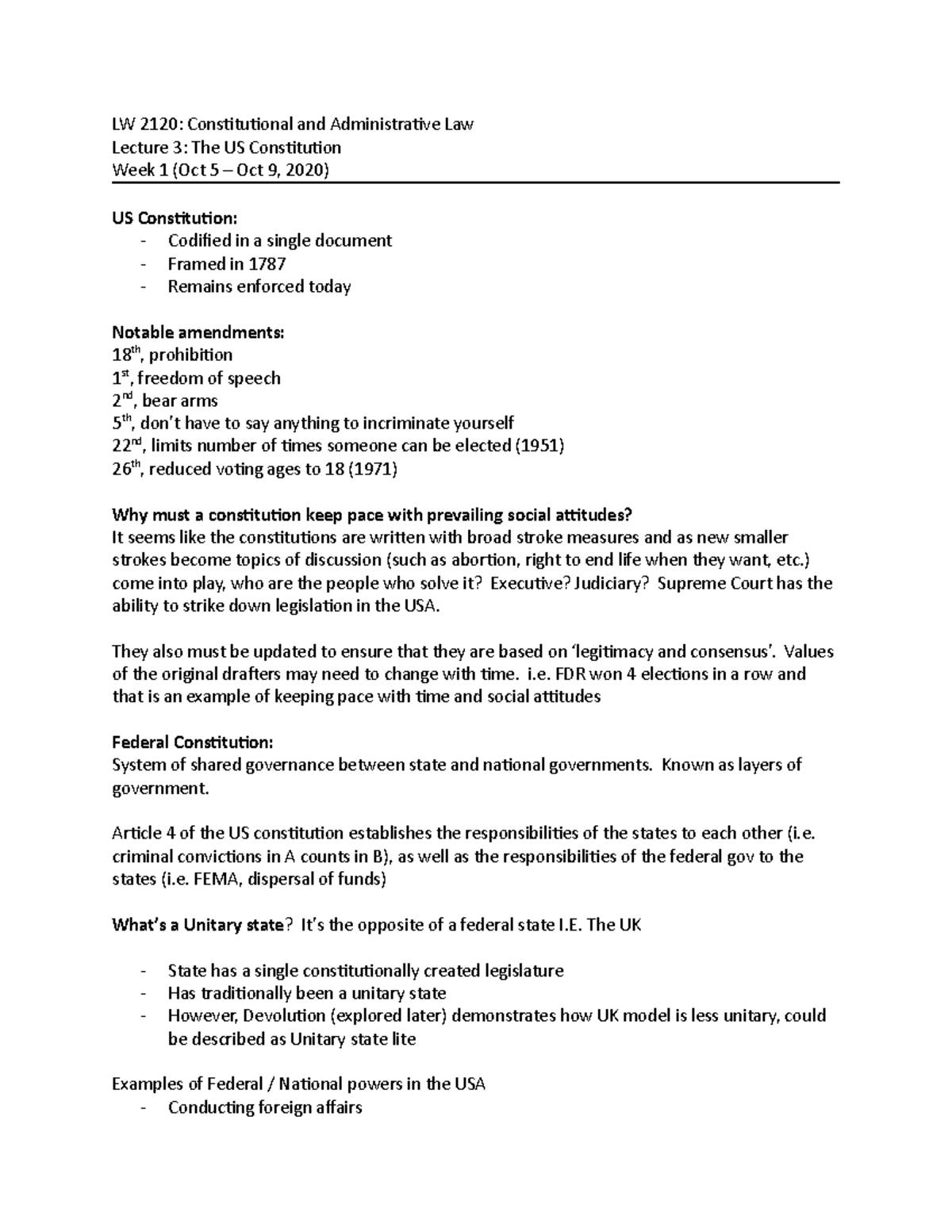 Lecture 3 Notes - LW 2120: Constitutional and Administrative Law ...