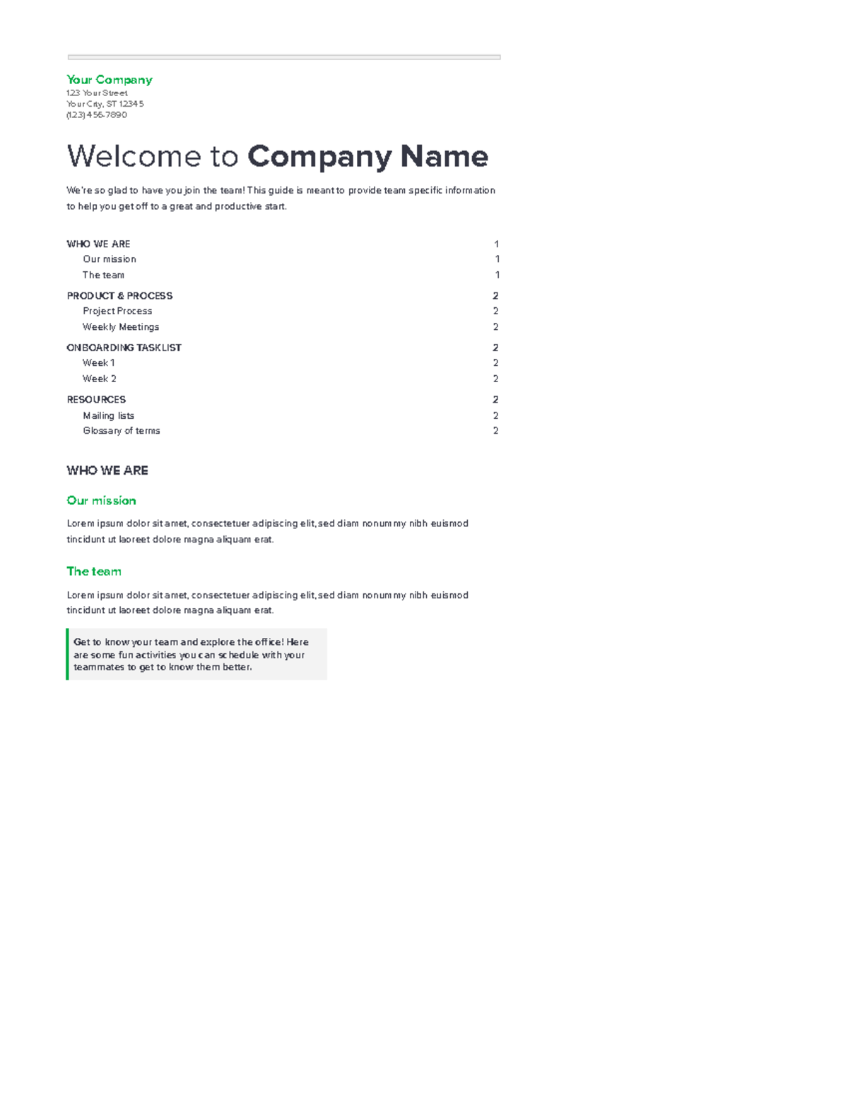 Onboarding notes - Google Docs - Your Company 123 Your Street Your City ...