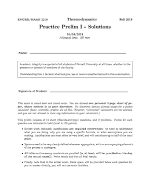 Practice Prelim I - ENGRD/MA&E 2210 Thermodynamics Fall 2018 Practice ...