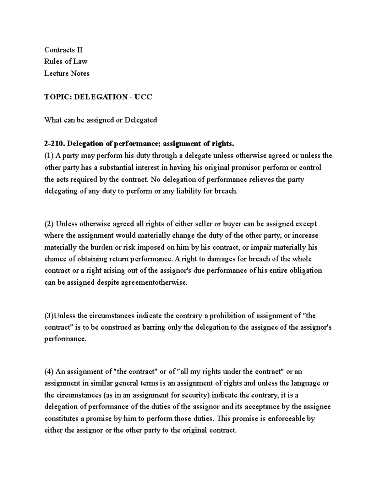 Delegation UCC Lecture notes 9 Contracts II Rules of Law Lecture