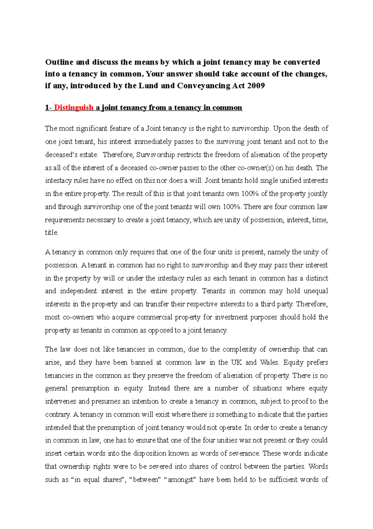 Property Law Exam sample answers Outline and discuss the means by