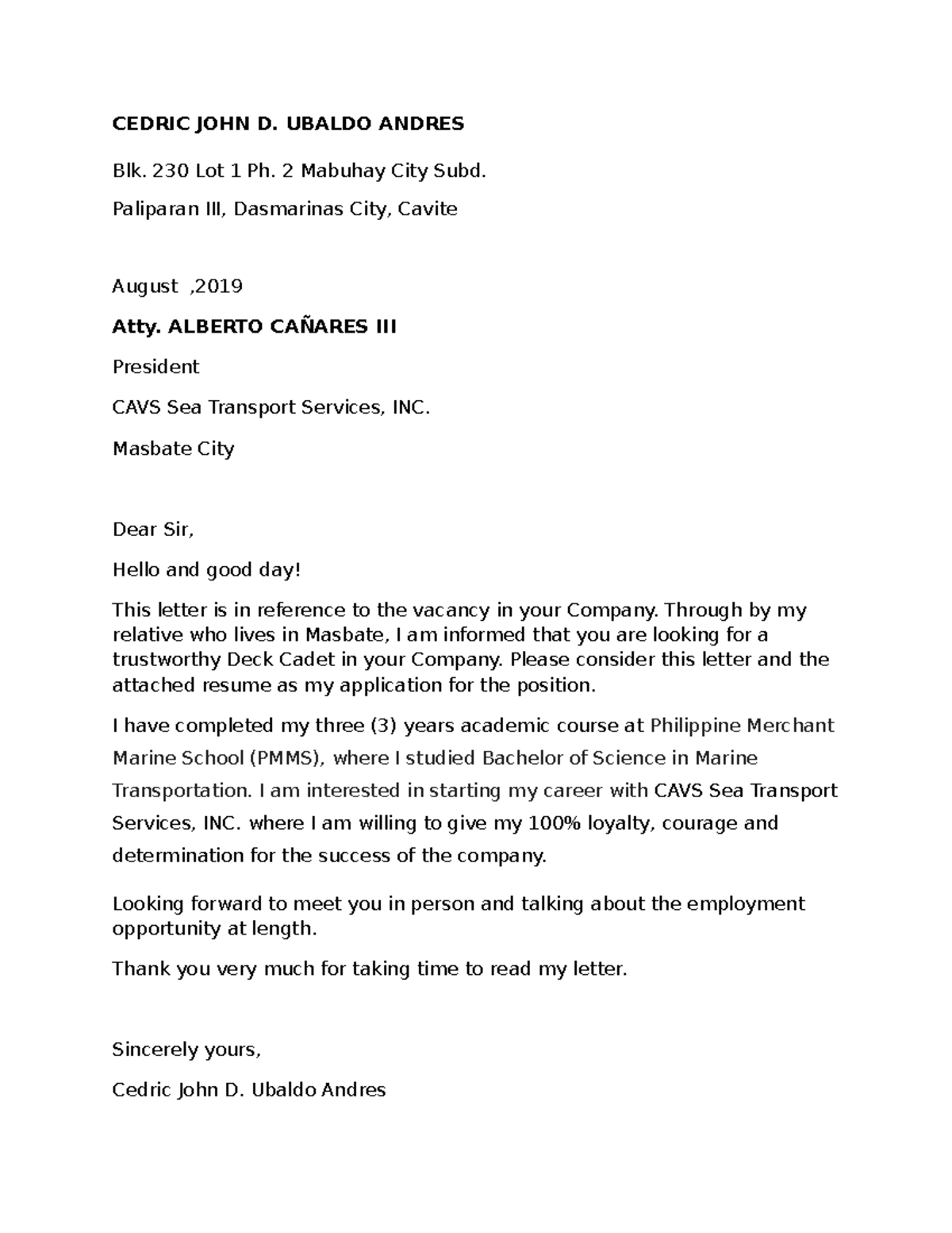 Ced appletter - Sample app letter - CEDRIC JOHN D. UBALDO ANDRES Blk ...