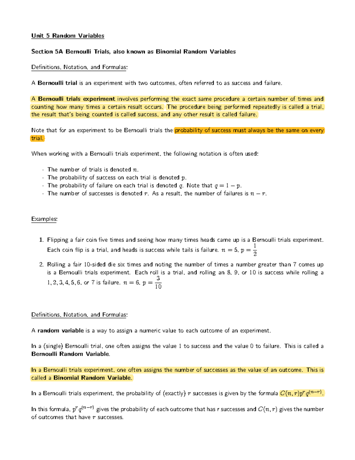 4 - 4.1 - Unit 5 Random Variables Section 5A Bernoulli Trials, also ...