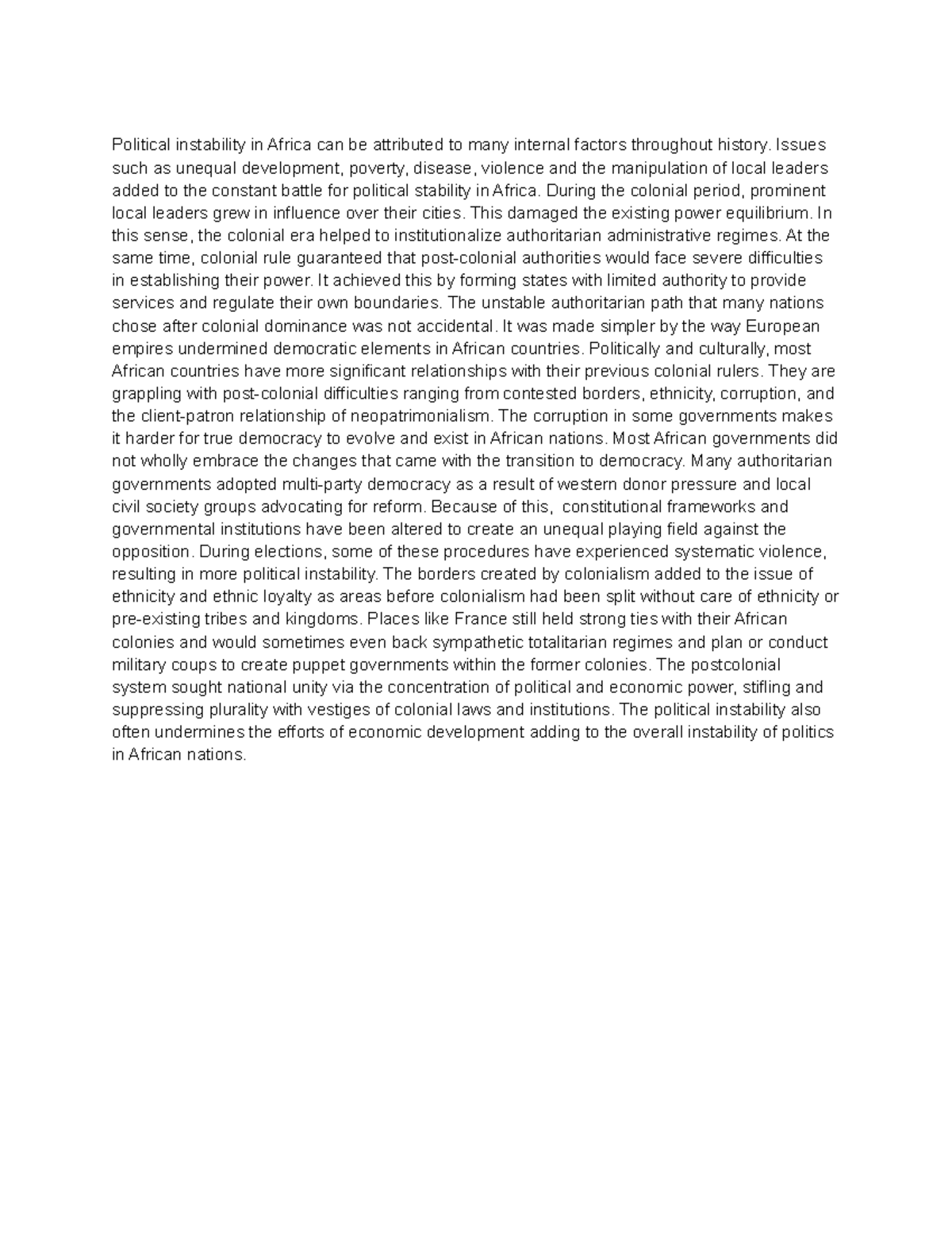 Geo Module 4 Political Instability In Africa Can Be Attributed To 