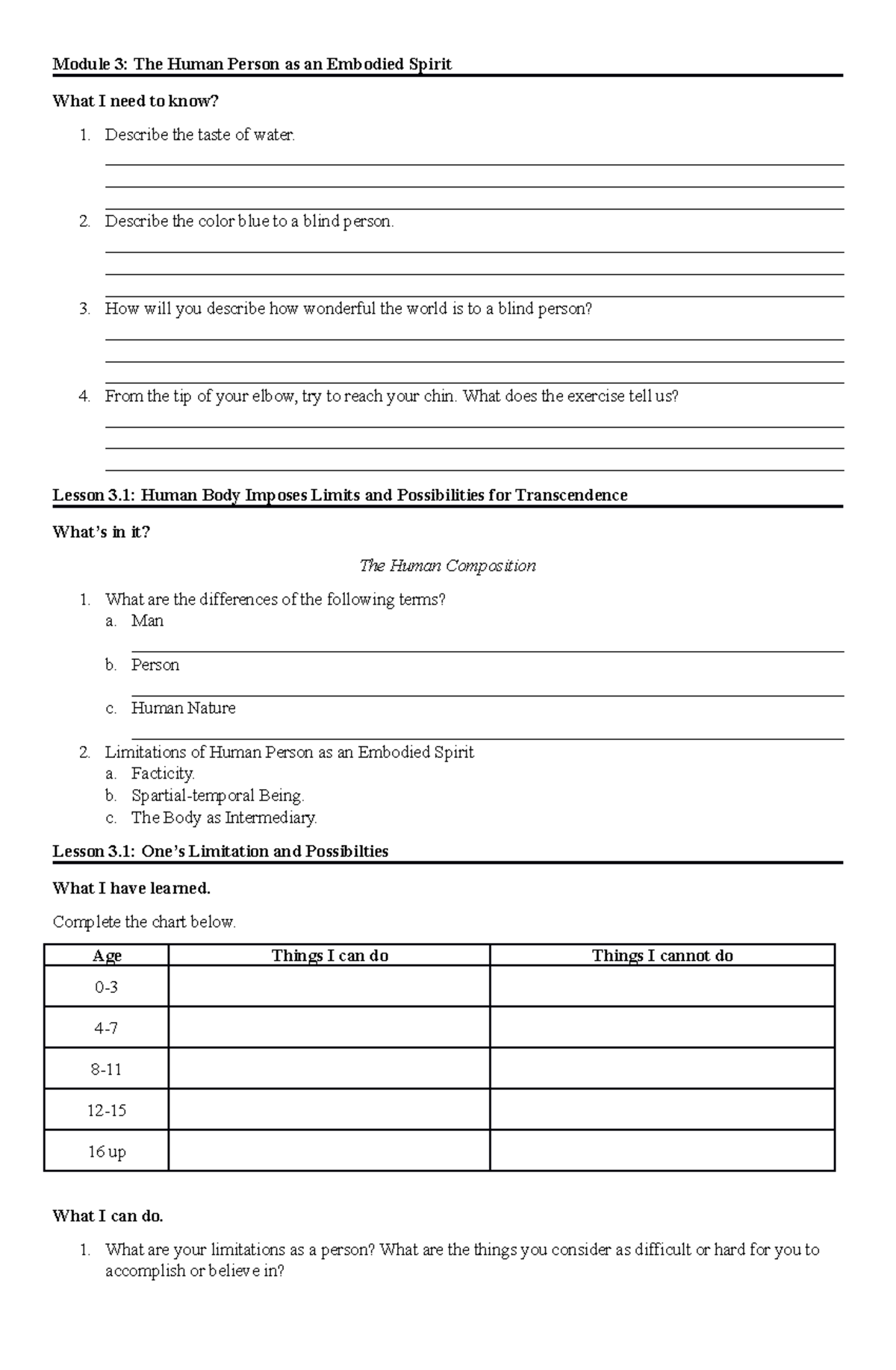 Philosophy Question Sheet M 3 - Module 3: The Human Person as an ...