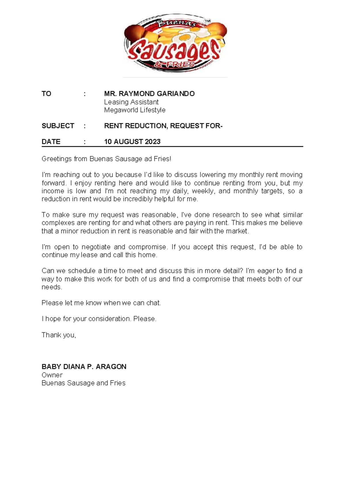 Letter Request FOR RENT Reduction - TO : MR. RAYMOND GARIANDO Leasing ...