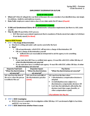 Foreman Outline Employment Discrimination Spring 2021 - 1. Intro and ...