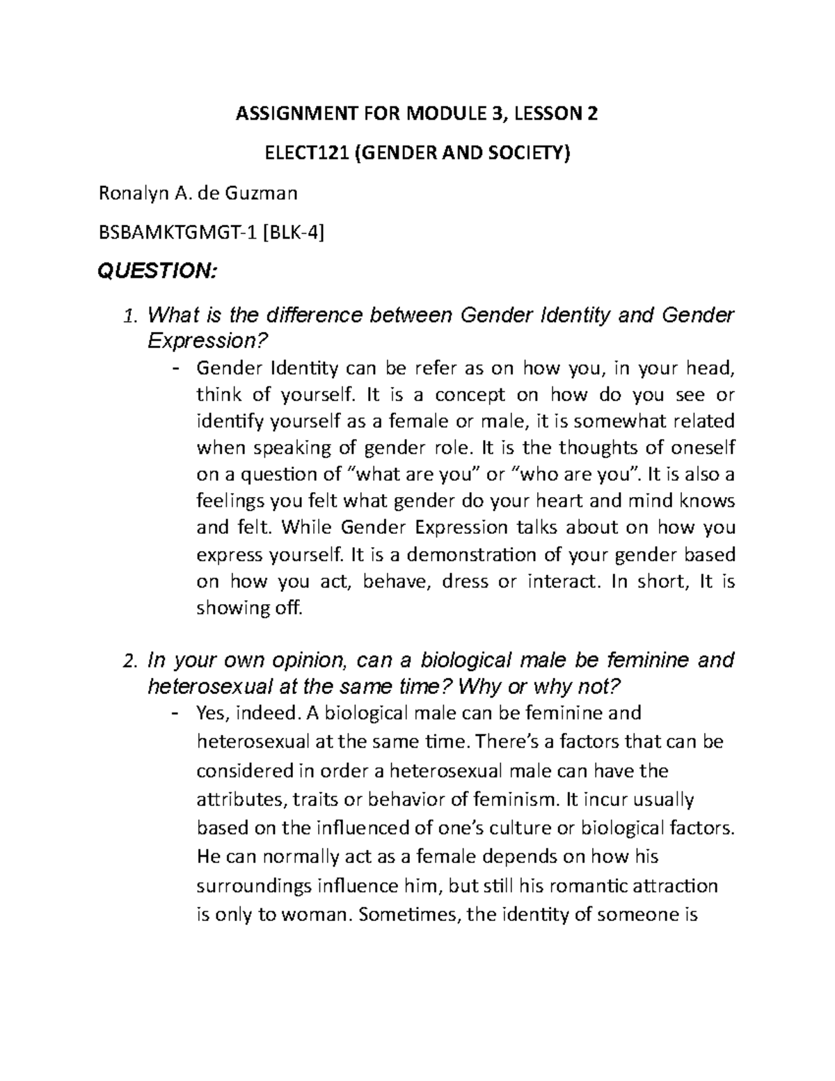 Assignment FOR Module 3, Lesson 2 Elect 121 ( Gender AND Society ...