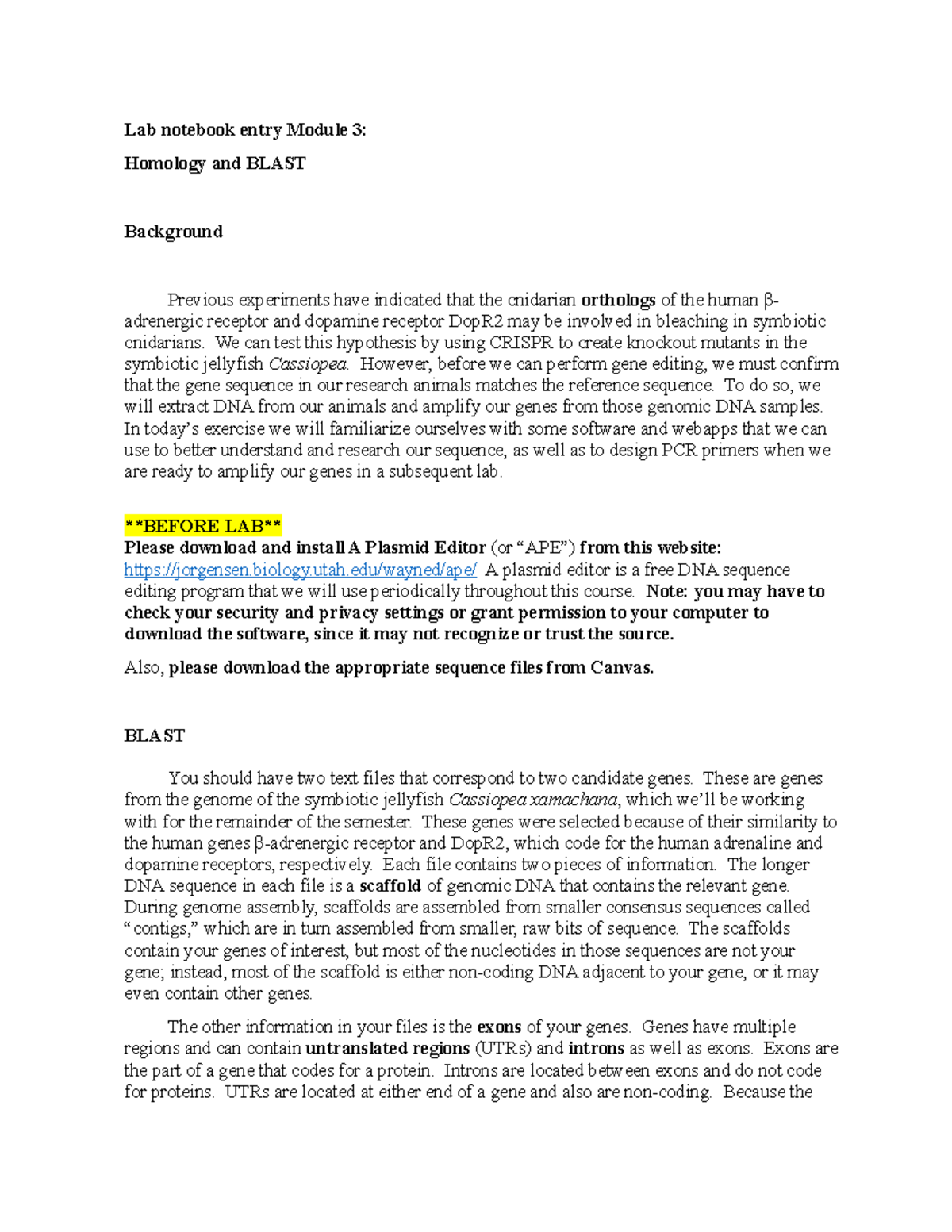 Module 3 Lab notebook homology and blast Lab notebook entry Module