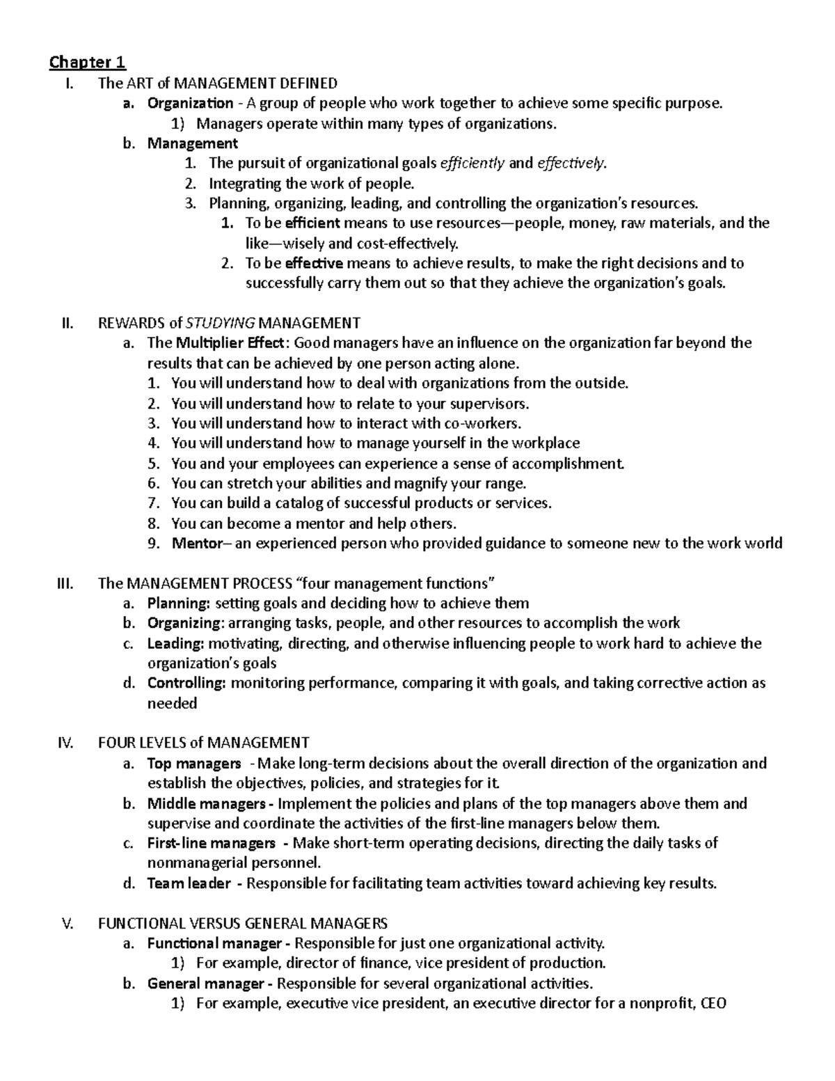 Test 1 Study Guide - Chapter 1 I. The ART of MANAGEMENT DEFINED a ...