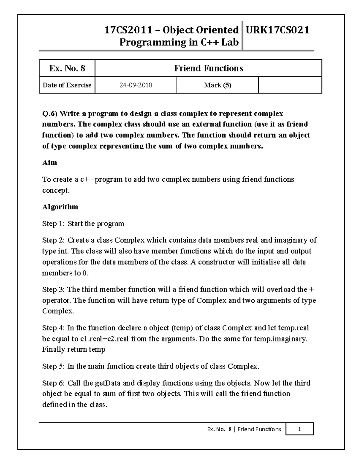 Friend Function - fgsdfdgfd - Programming in C++ Lab Ex. No. 8 Friend ...