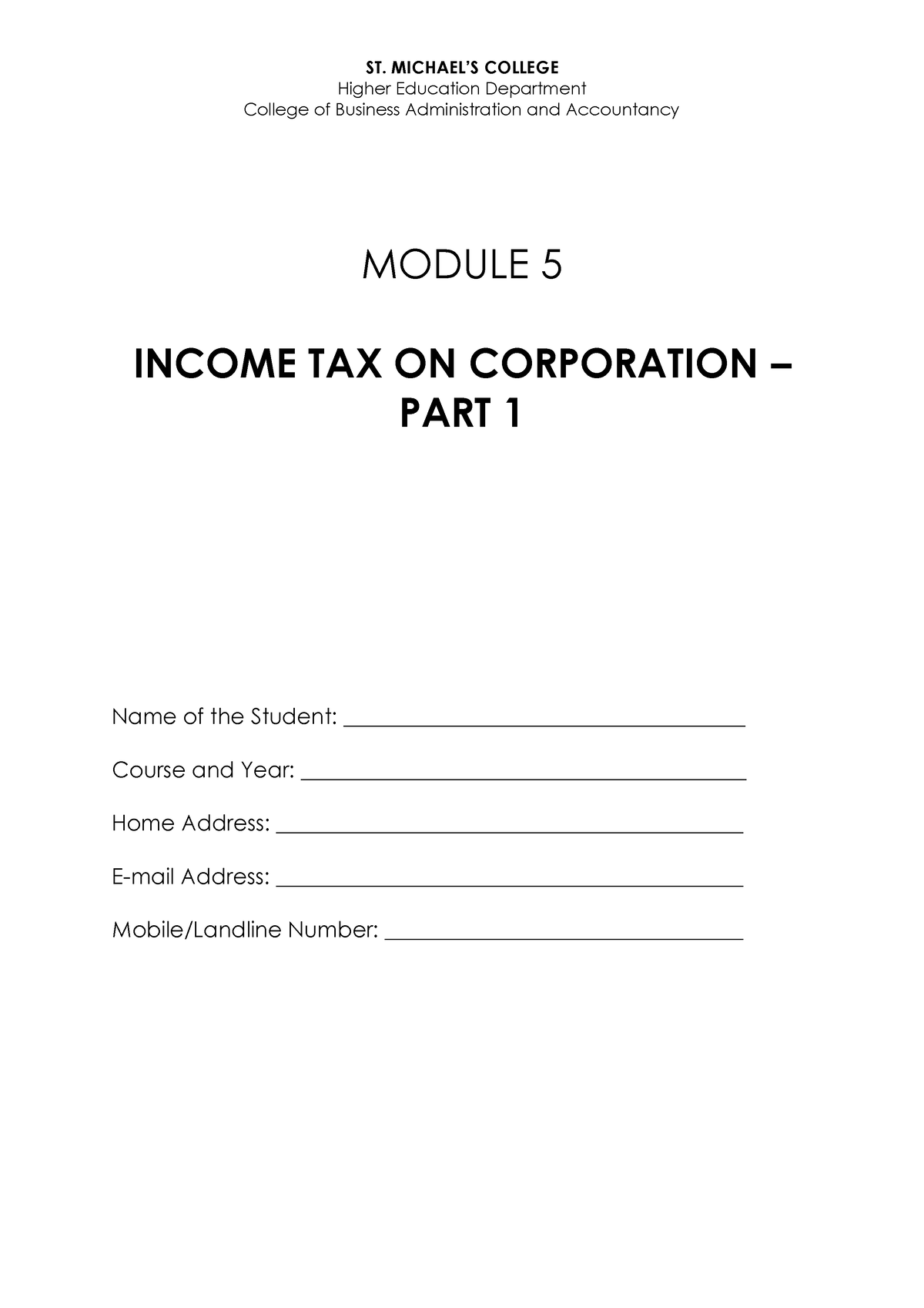 Module 5 Income TAX ON Corporation PART 1 - ST. MICHAEL’S COLLEGE ...