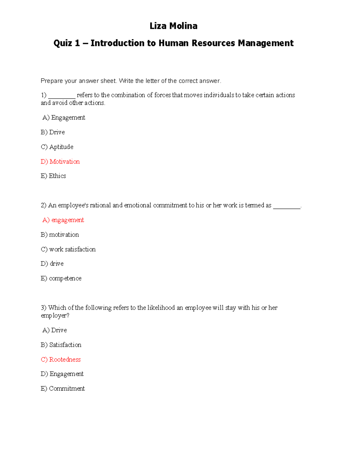 Quiz 1 Introduction to Human Resources Management B2110A Studocu