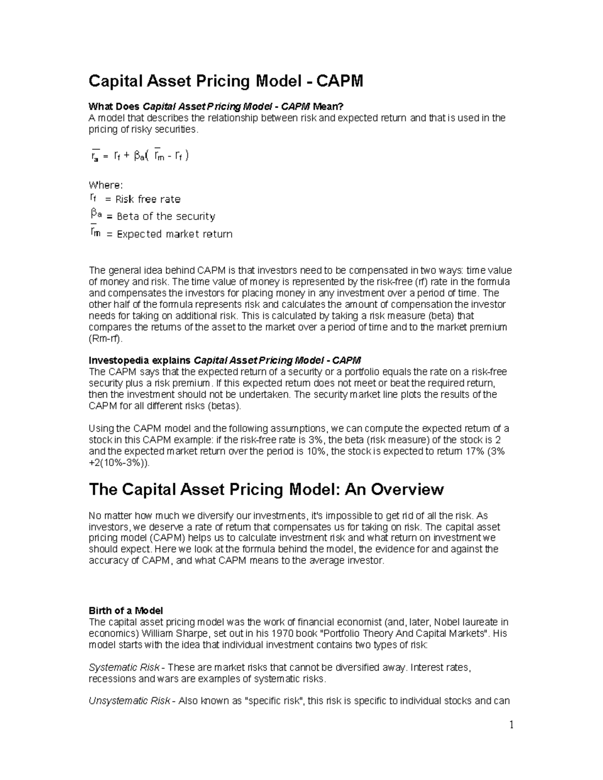 Capital Asset Pricing Model - The general idea behind CAPM is that ...