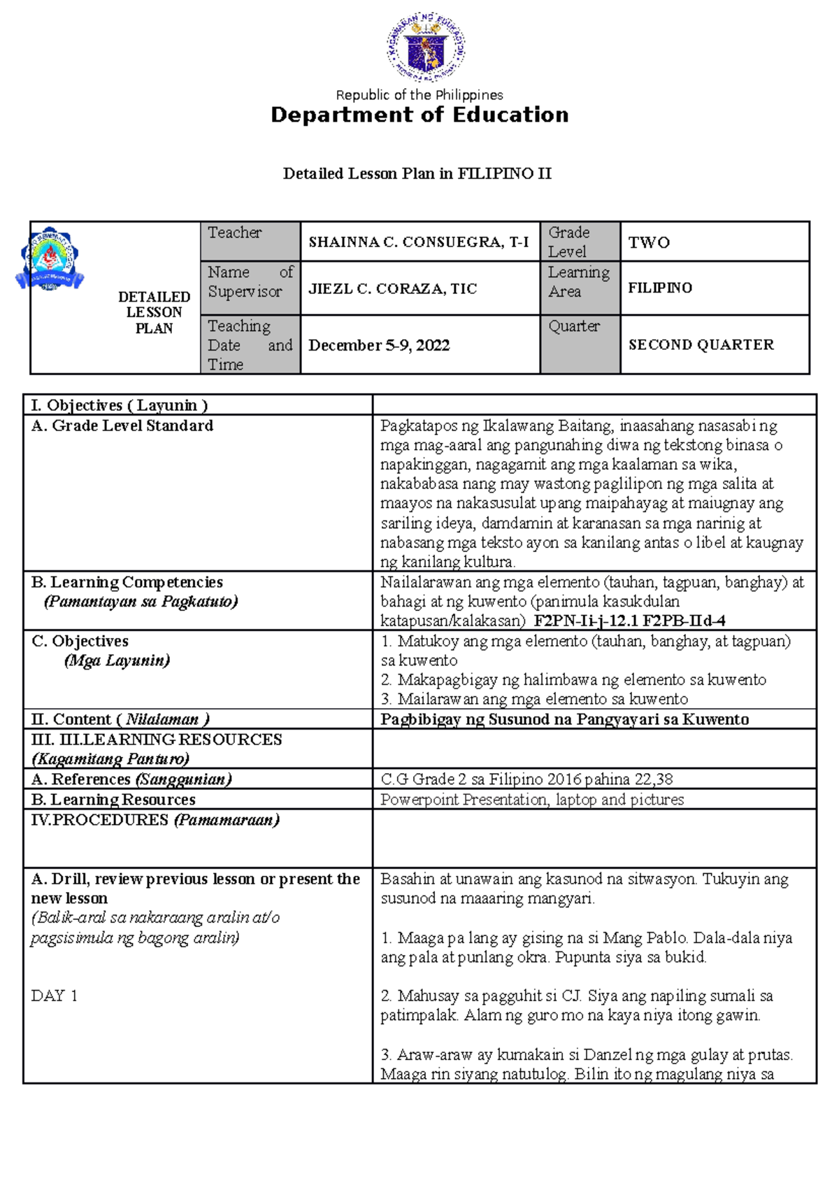 Filipino 2 Dlp Week5 Department Of Education Detailed Lesson Plan In Filipino Ii Detailed 0354