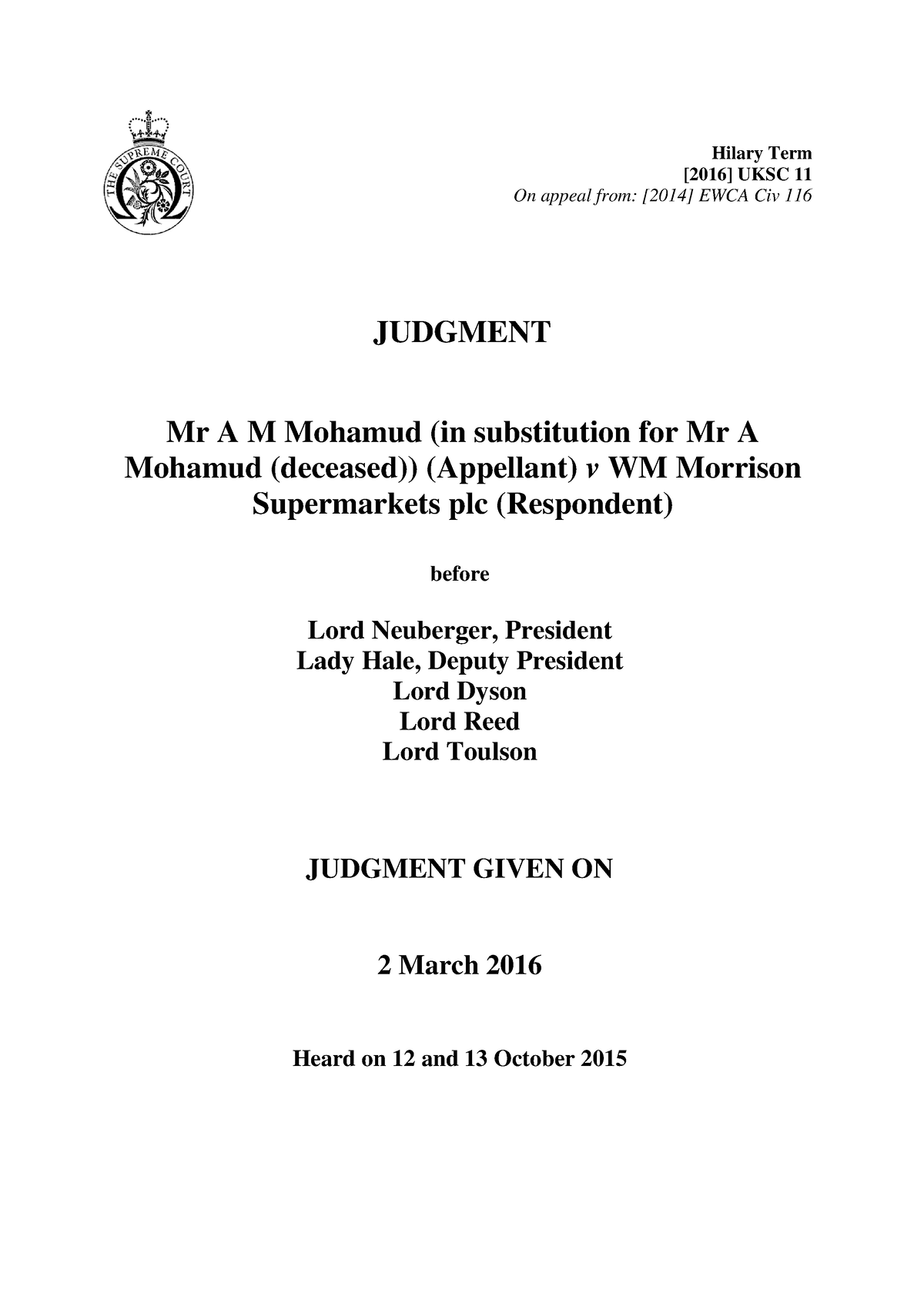 Mohamud v Morrison work Hilary Term [2016] UKSC 11 On appeal from