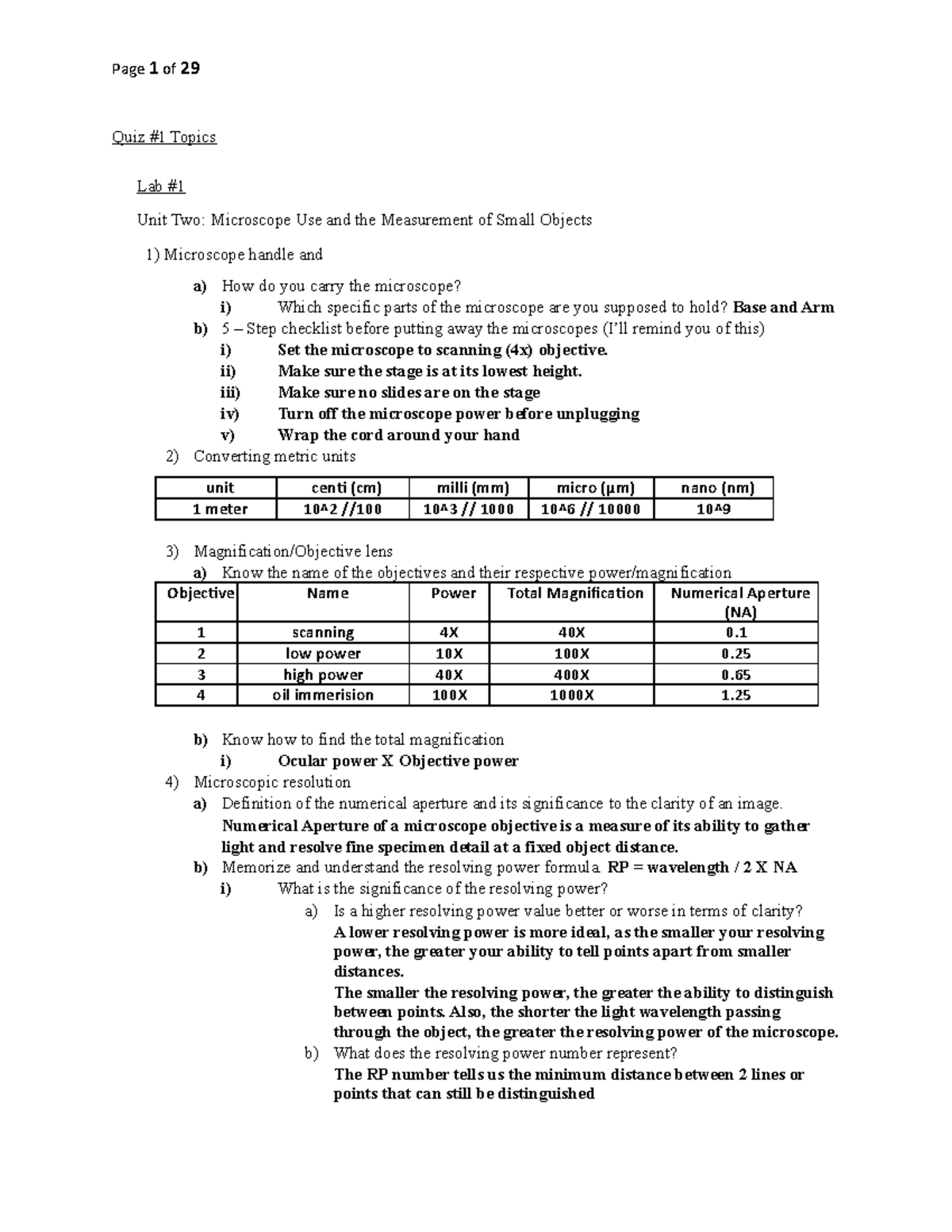 Bio Lab Final Review Sheet - Quiz #1 Topics Lab # Unit Two: Microscope ...