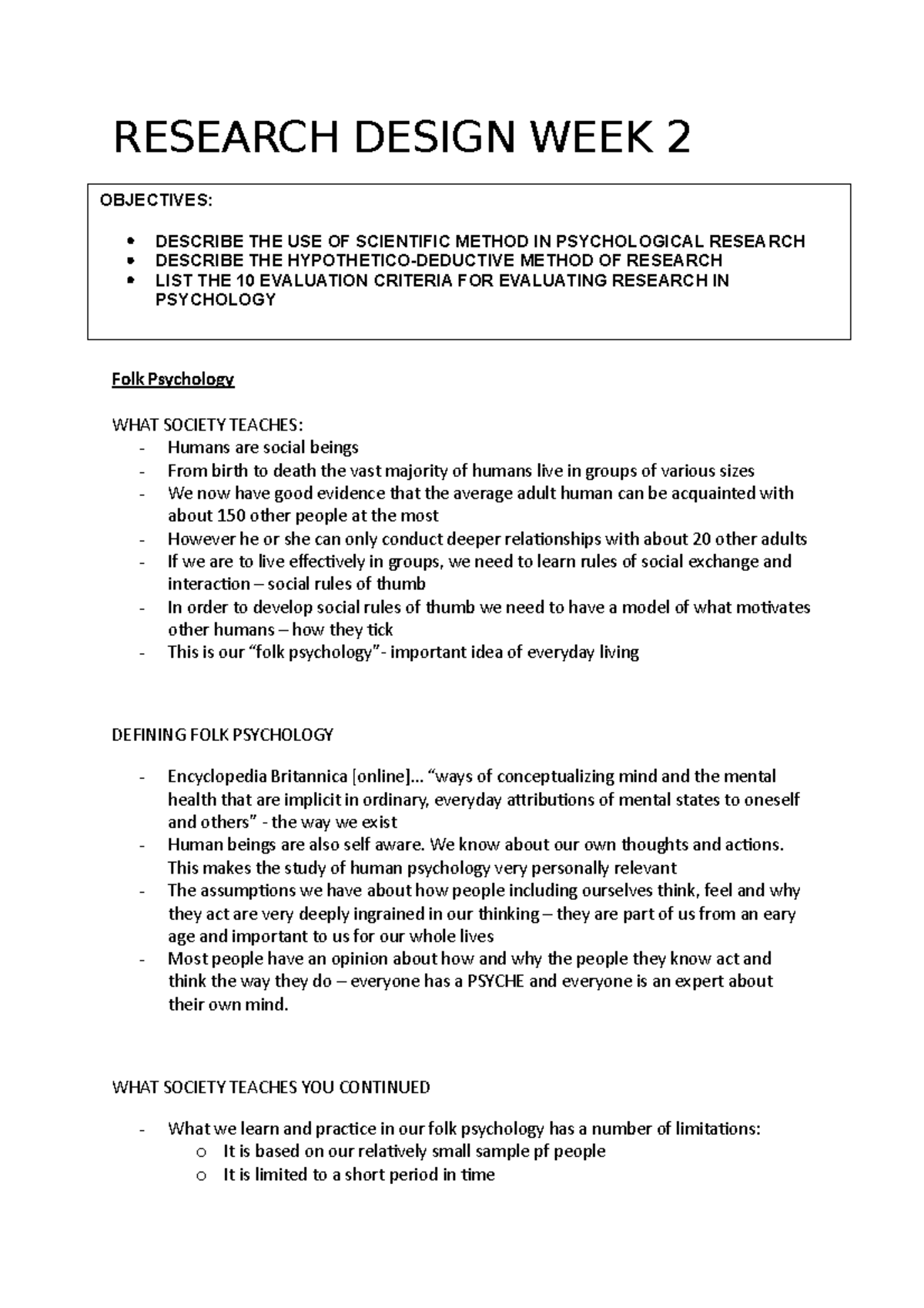 Week 2 Research Design - RESEARCH DESIGN WEEK 2 Folk Psychology WHAT ...
