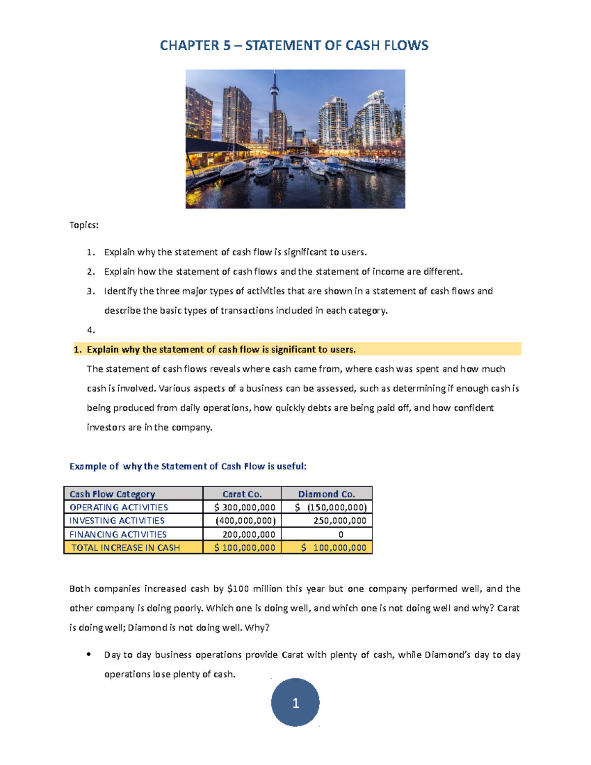 Chapter 5 notes - Topics: 1. Explain why the statement of cash flow is ...