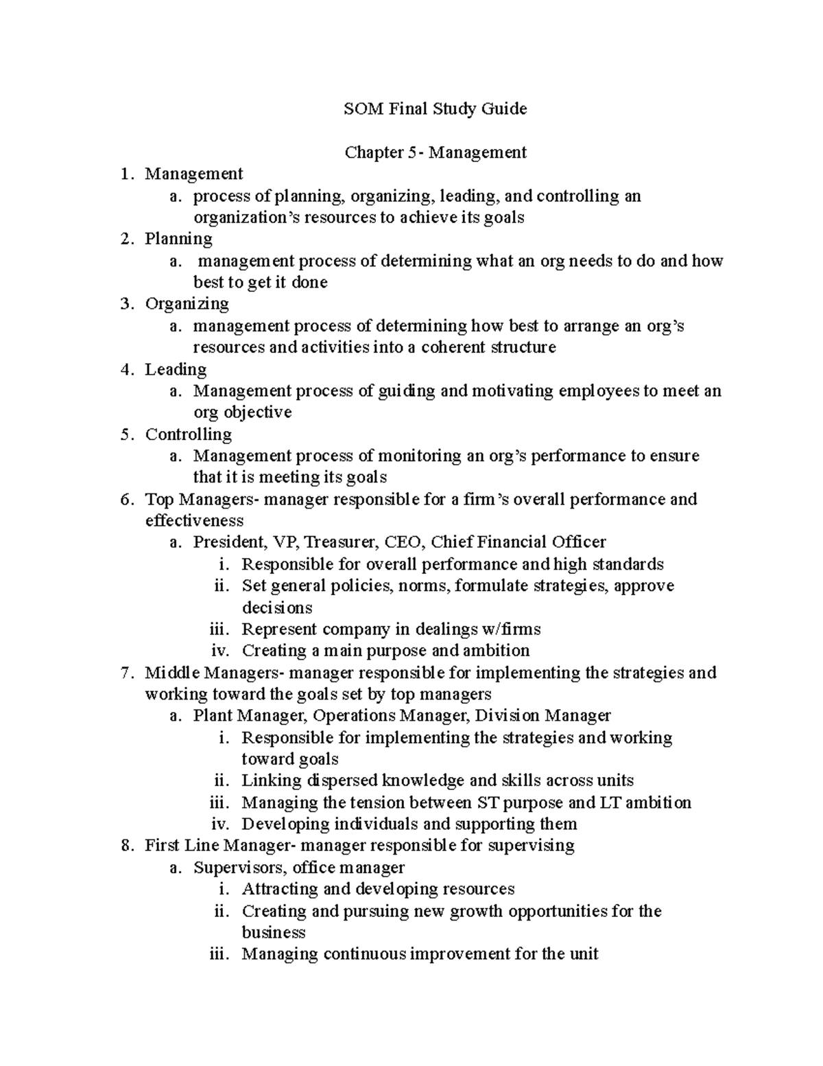 SOM 122 Final Study Guide - SOM Final Study Guide Chapter 5- Management ...