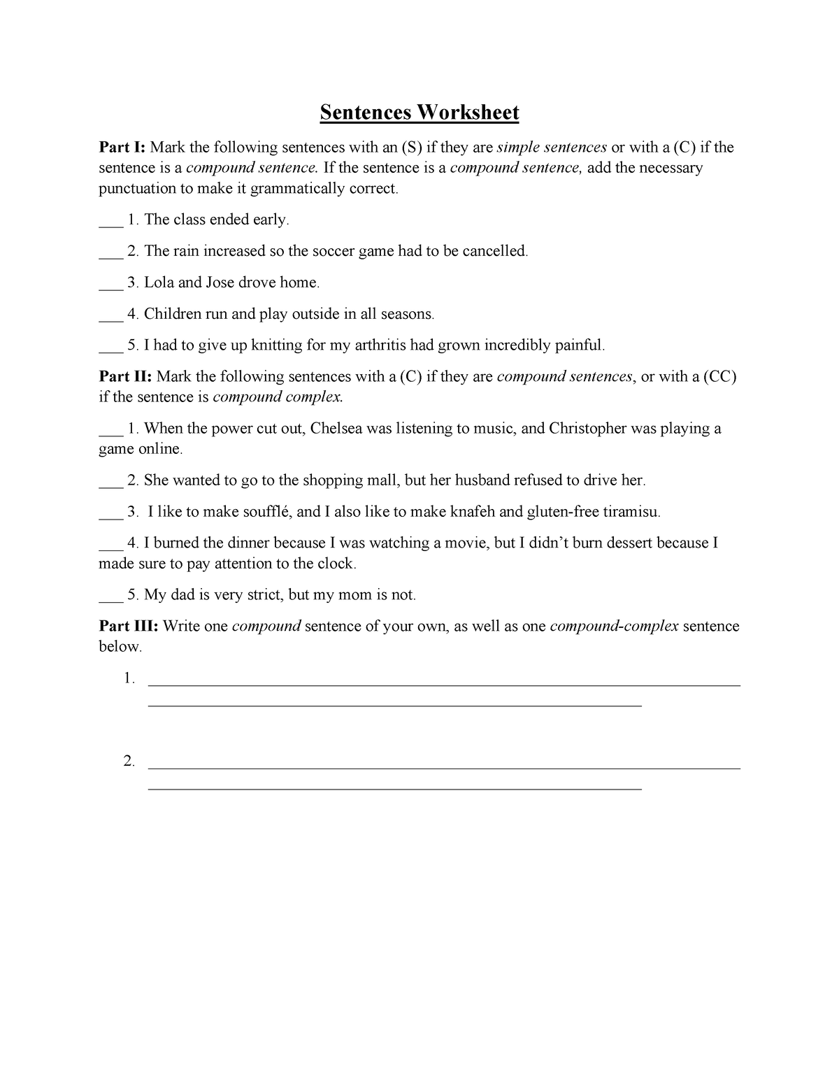 Compound sentences worksheet Sentences Worksheet Part I Mark The 