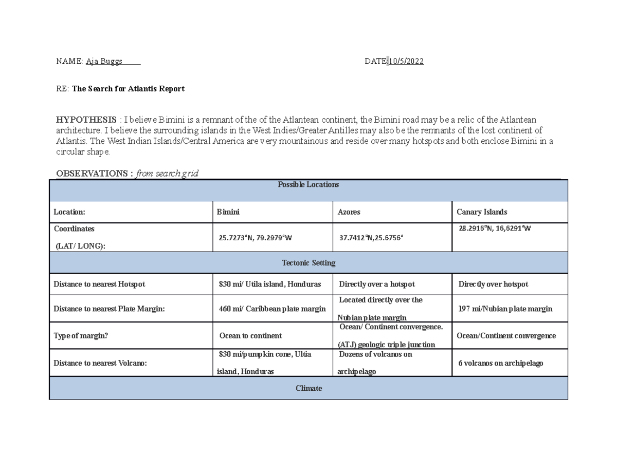 Atlantis Report Template (Buggs) - NAME: Aja Buggs DATE:10/5/ RE: The ...