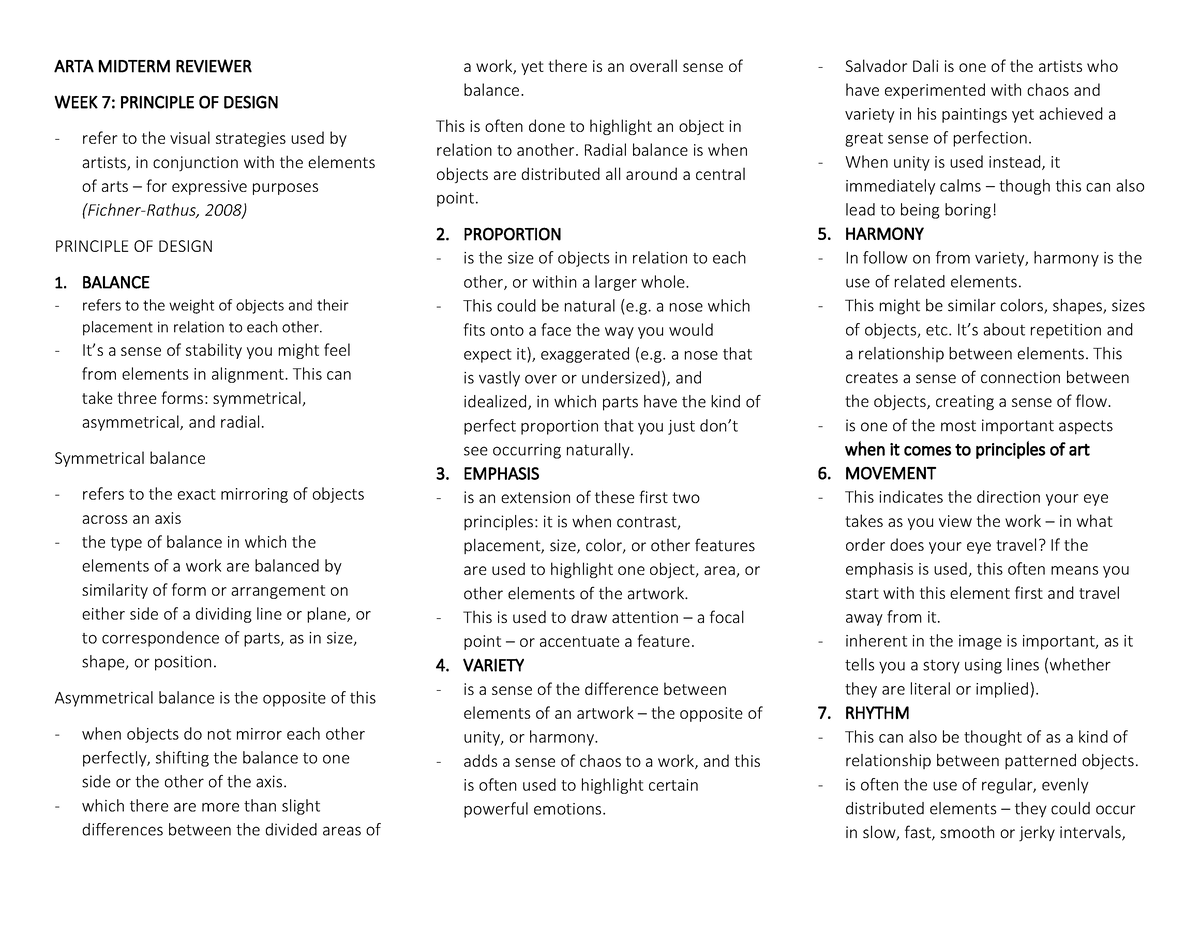 ARTA111 Midterm - ARTA MIDTERM REVIEWER WEEK 7: PRINCIPLE OF DESIGN ...