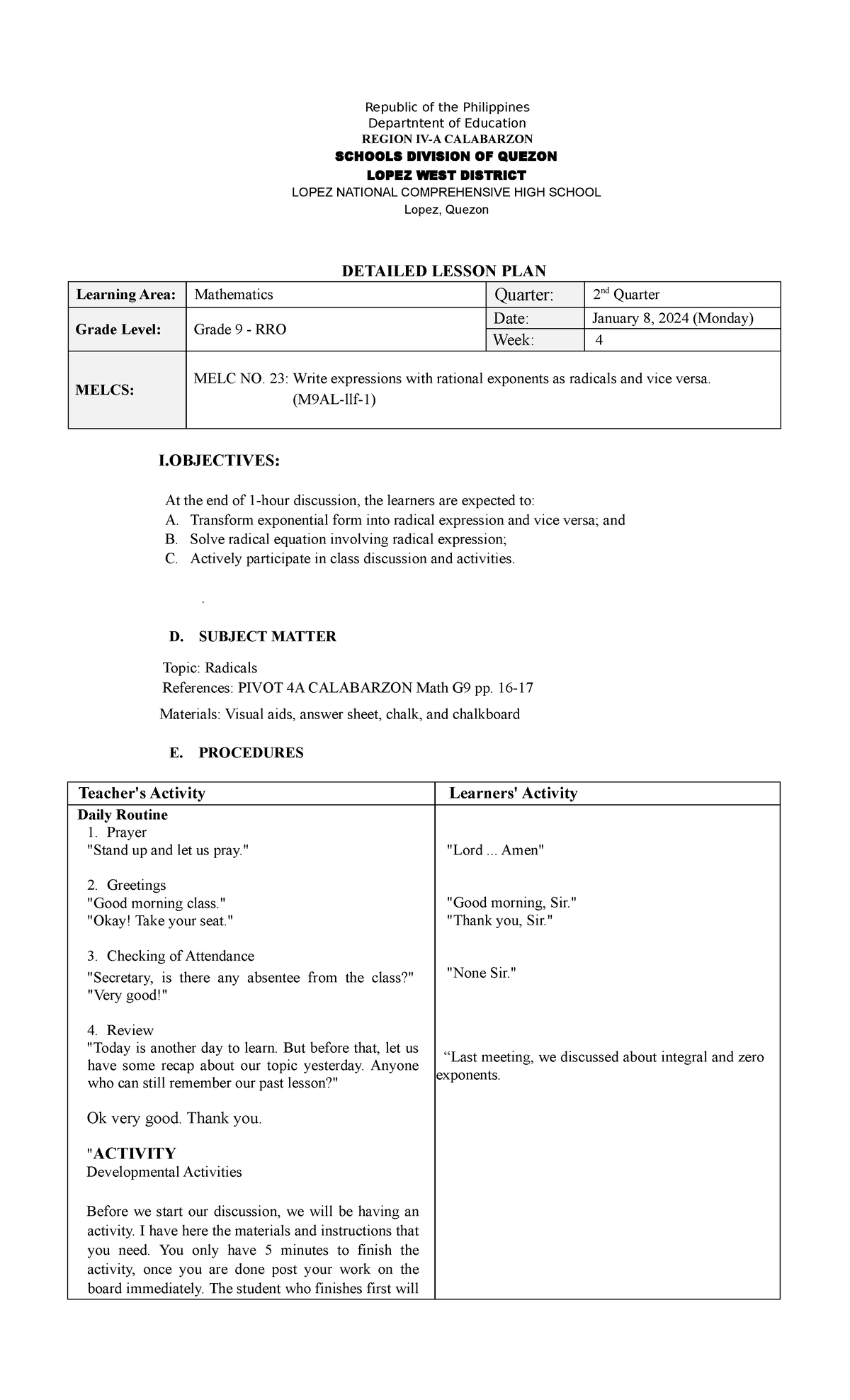 Ser Mel DLP Radicals - practice for detailed lesson plan - Republic of ...