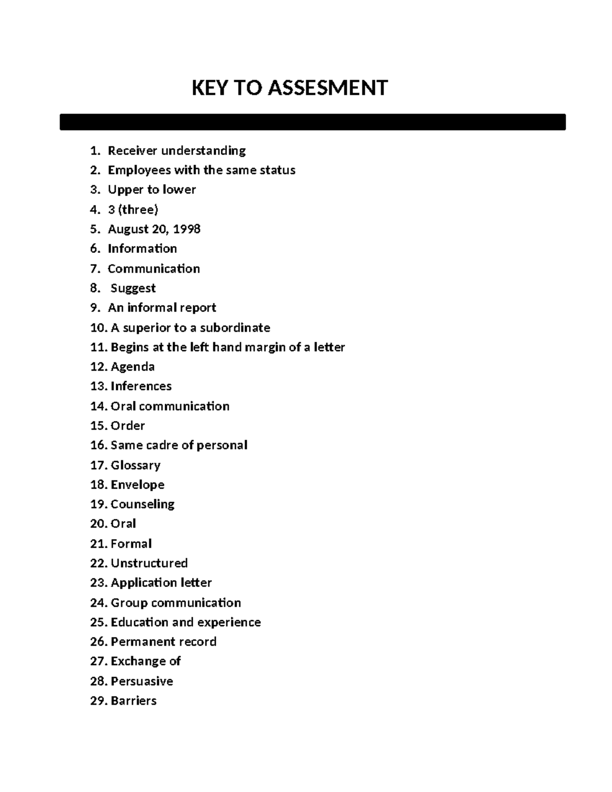 KEY TO Assesment 3 - Notes - KEY TO ASSESMENT Receiver understanding ...