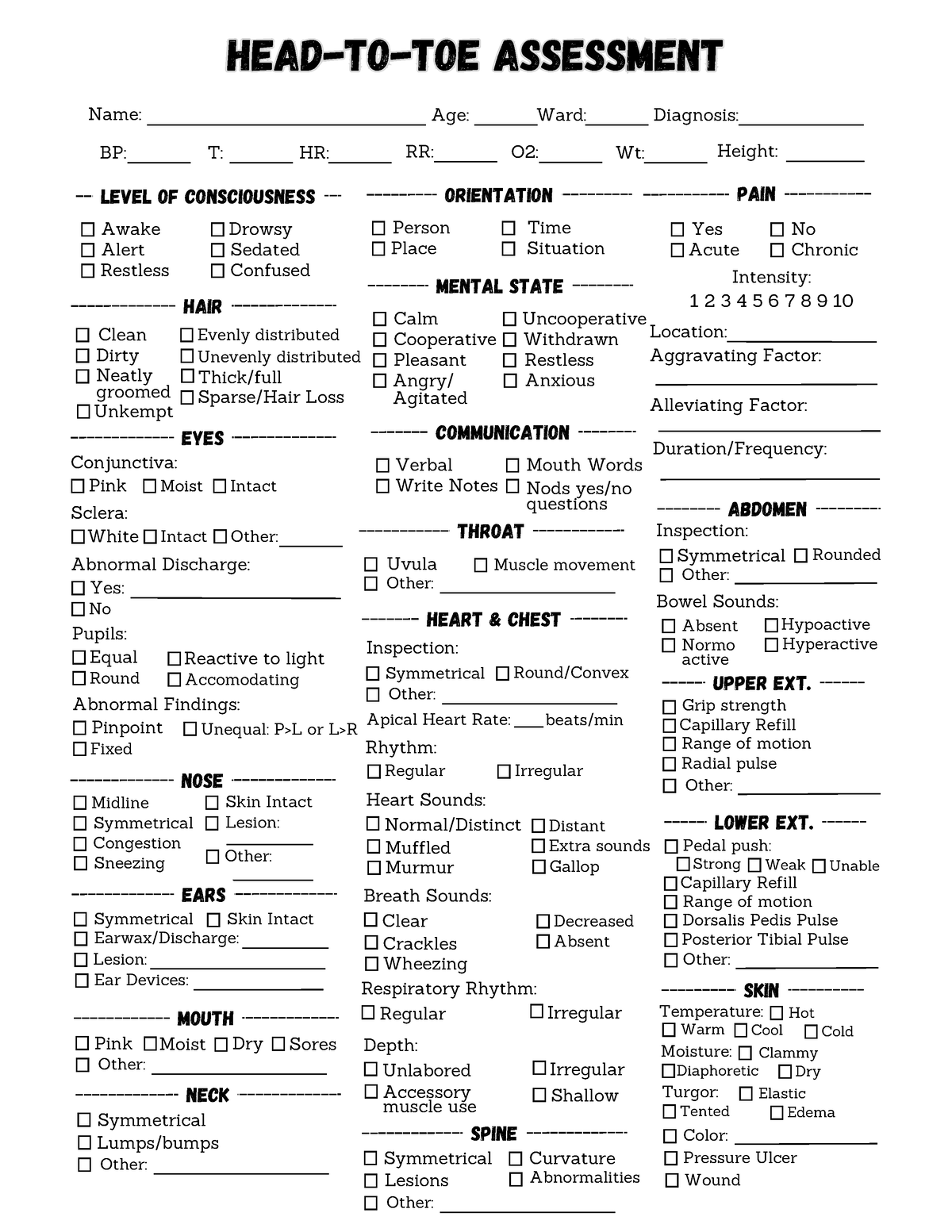 Head-To-Toe Assessment USLetter - Ward: HR: Wt: Name: Age: Diagnosis ...