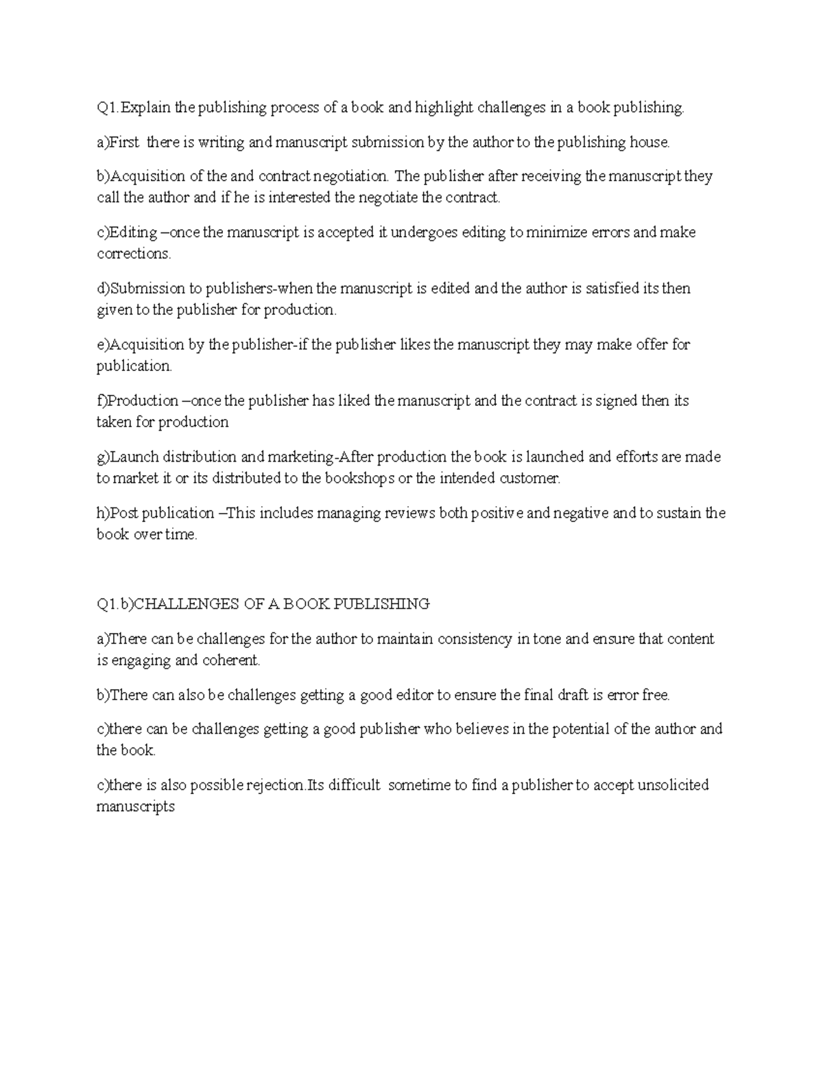 Publishing asssigment - Q1 the publishing process of a book and ...