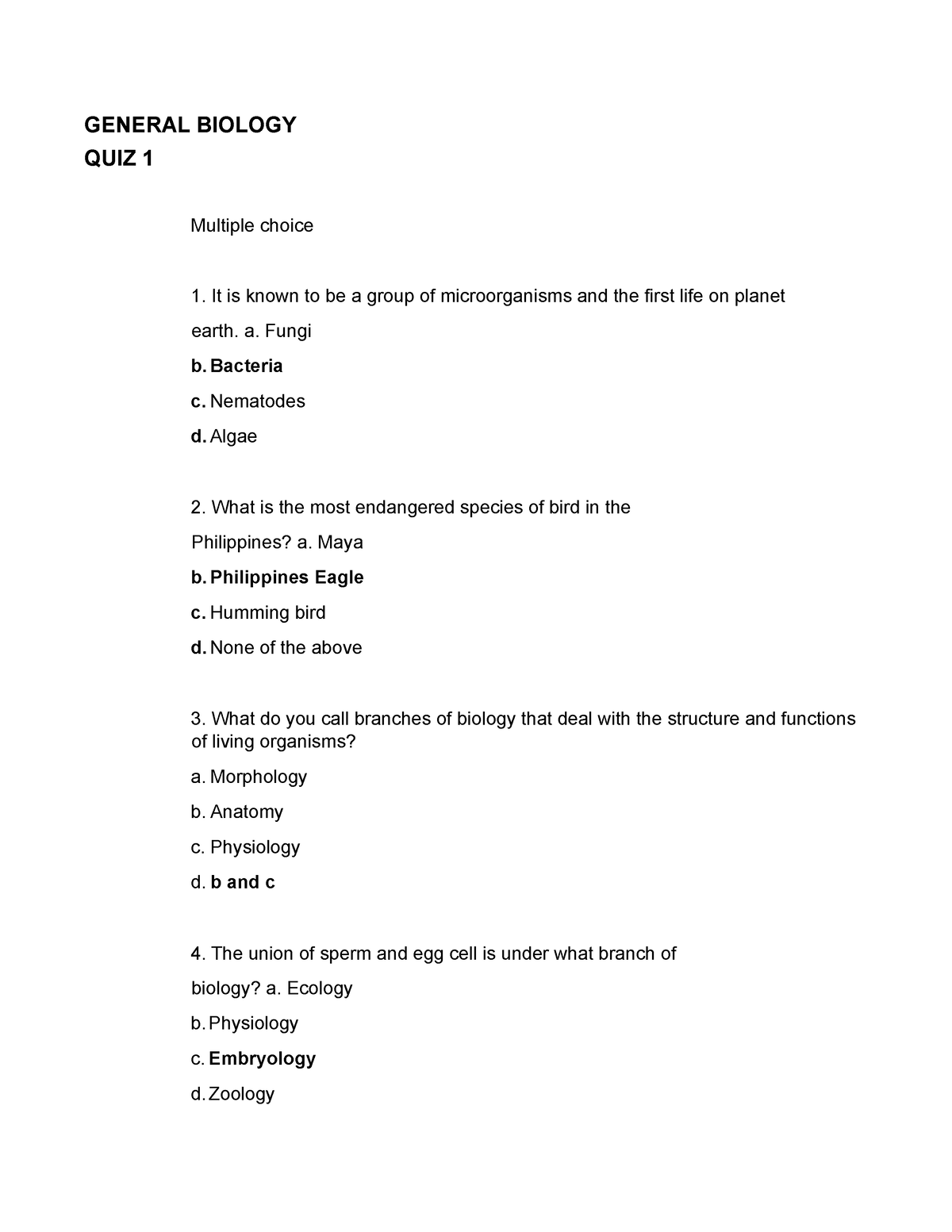 Gen Bio Quiz1 Question And Answer - GENERAL BIOLOGY QUIZ 1 Multiple ...