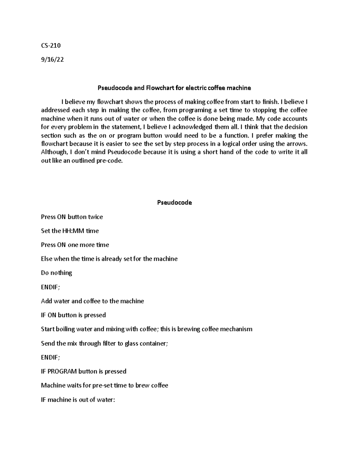 Coffee Machine Flowchart and Pseudocode - CS- 9/16/ Pseudocode and ...