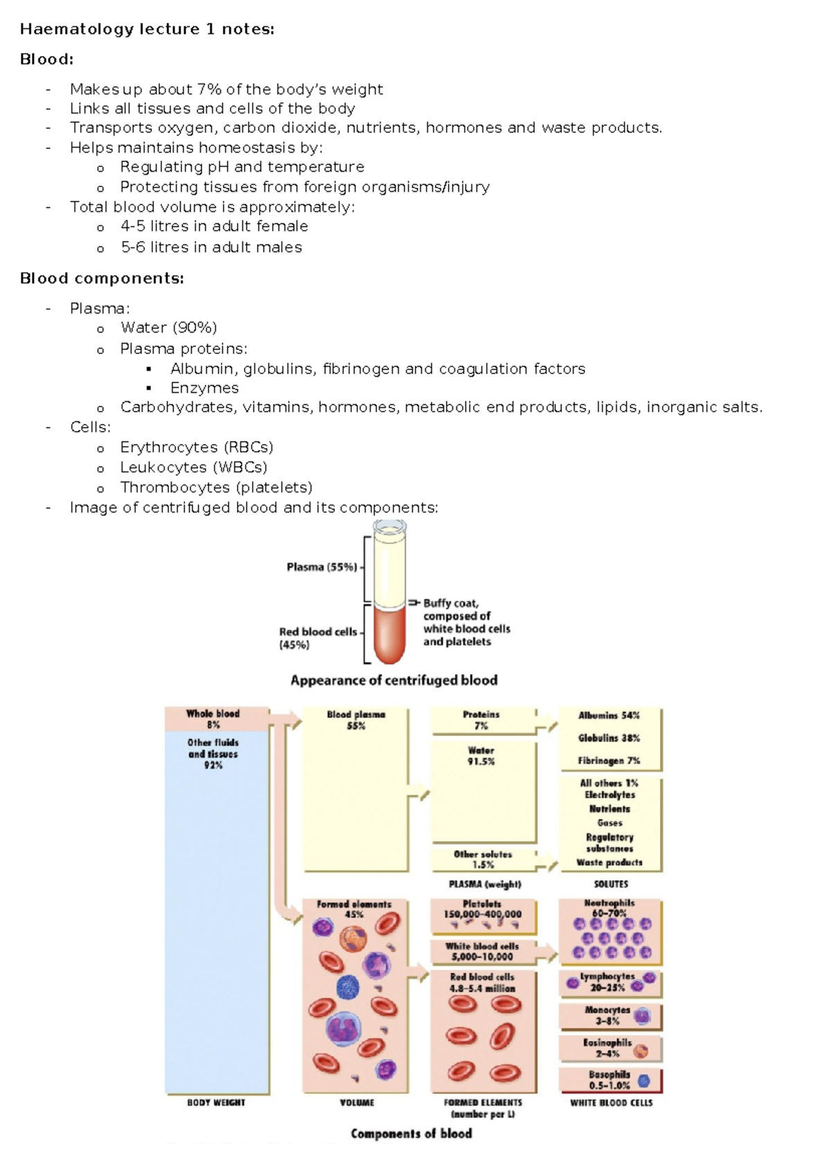Haematology lecture 1 notes - Haematology lecture 1 notes: Blood ...