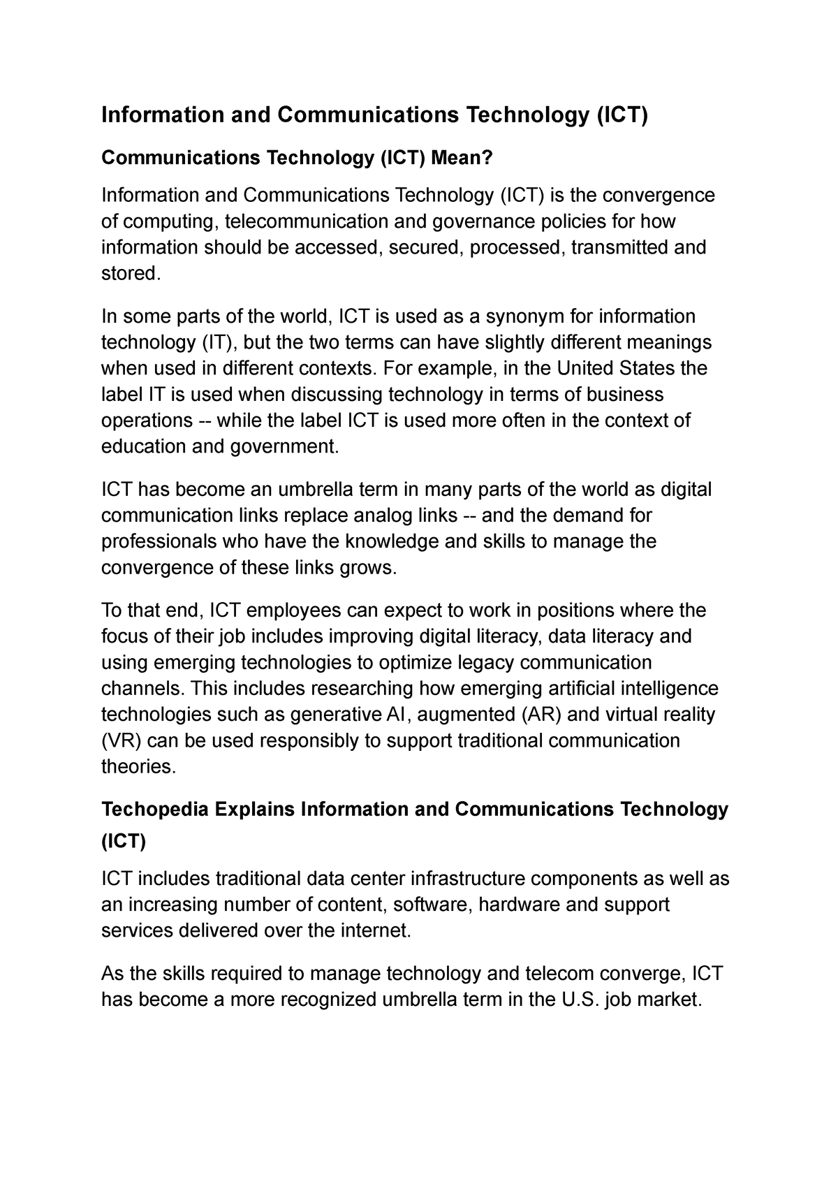 Information and Communications Technology (ICT) - In some parts of the ...