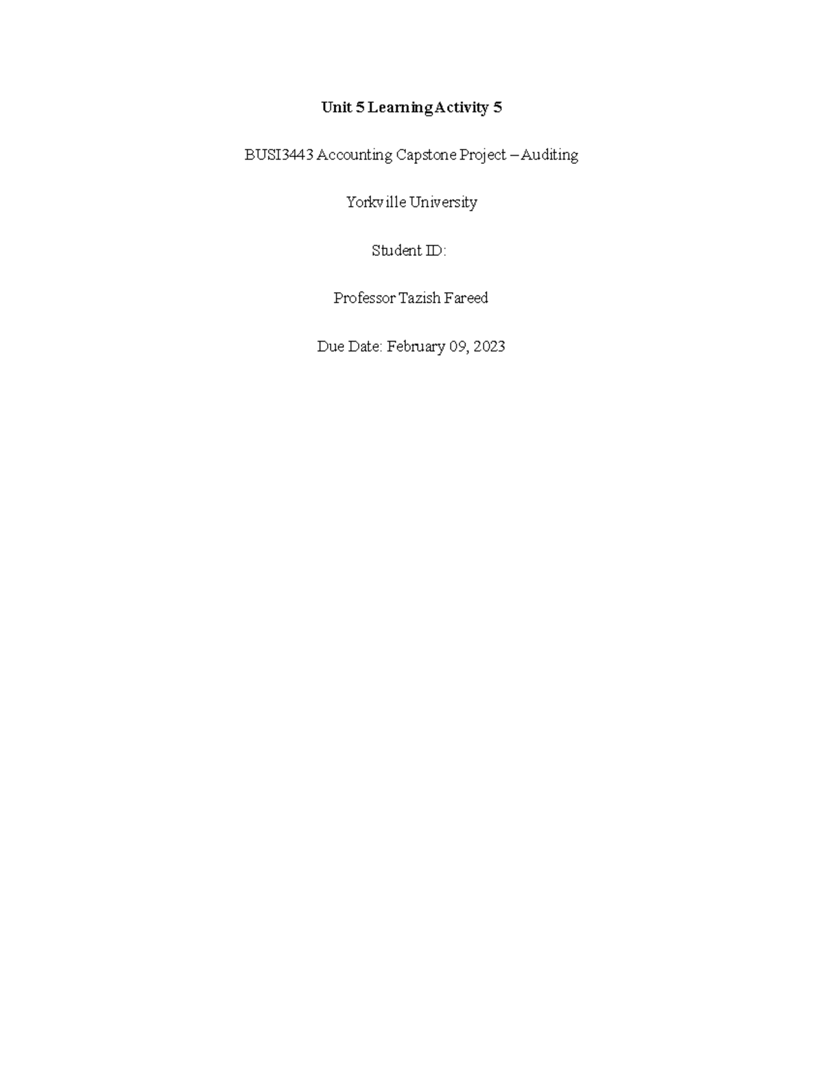 BUSI3443 Learning Activity 5 - Unit 5 Learning Activity 5 BUSI3443 ...