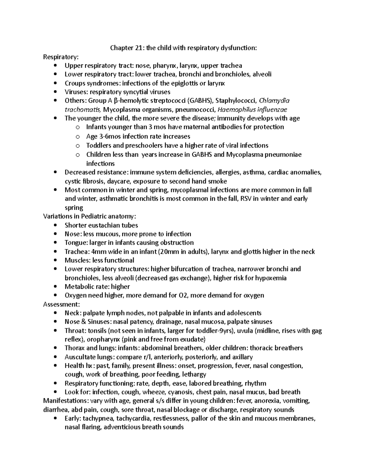 Exam 3 381 - Lecture Notes - Chapter 21: the child with respiratory ...